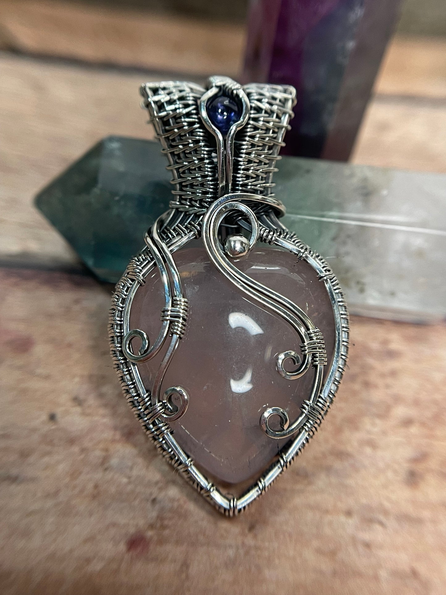 Rose Quartz Sterling Silver Heart Pendant with Iolite