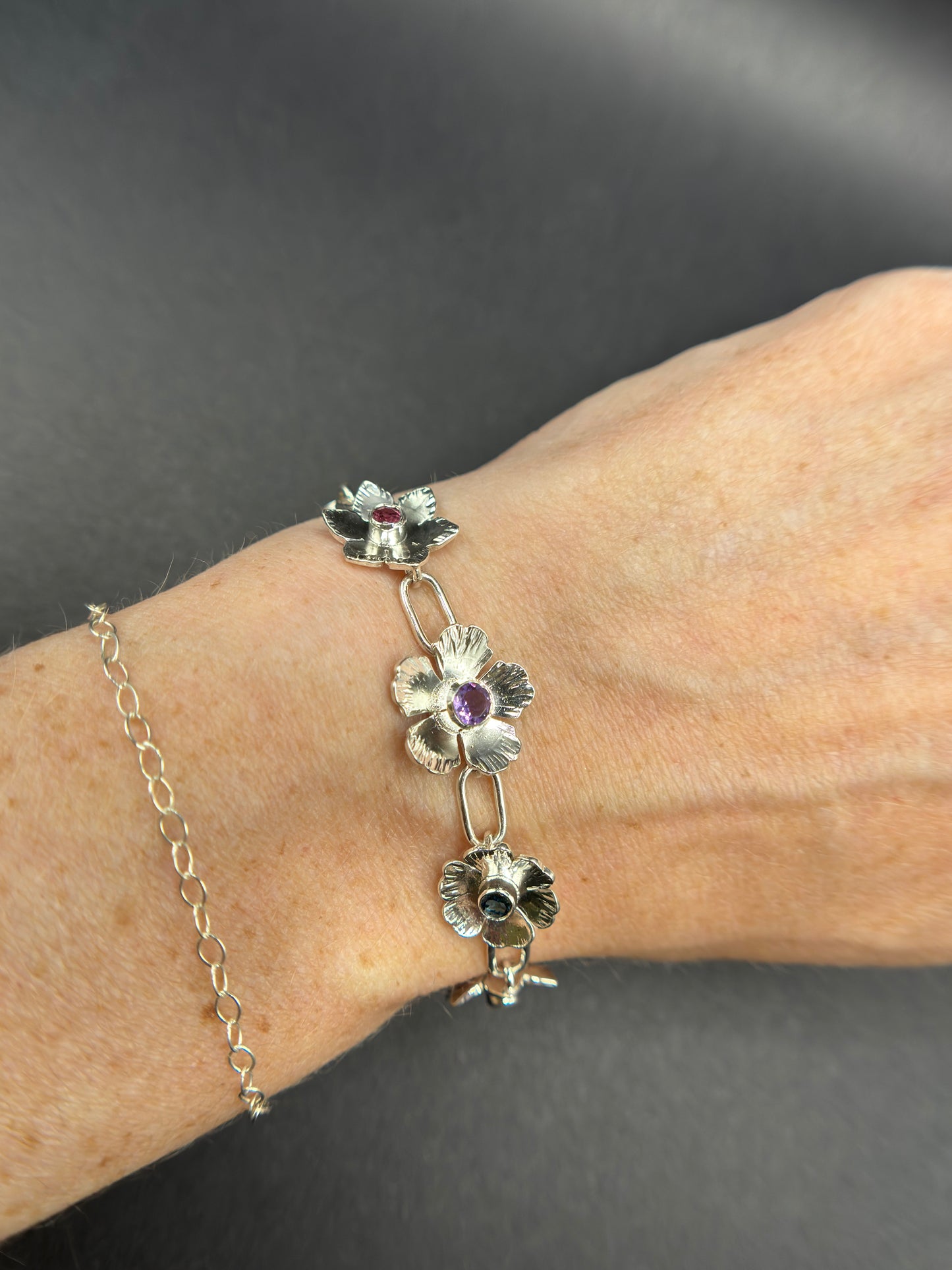 The Garden Bracelet - Sterling Silver Rainbow Flower Chain Bracelet with Captive Bolt Hinge Clasp