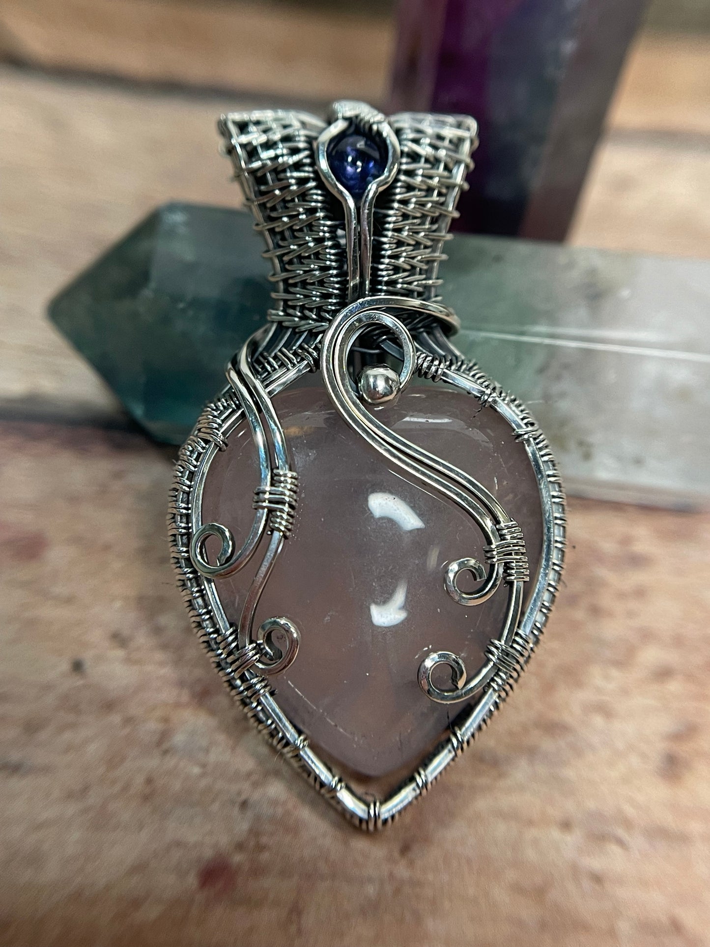 Rose Quartz Sterling Silver Heart Pendant with Iolite