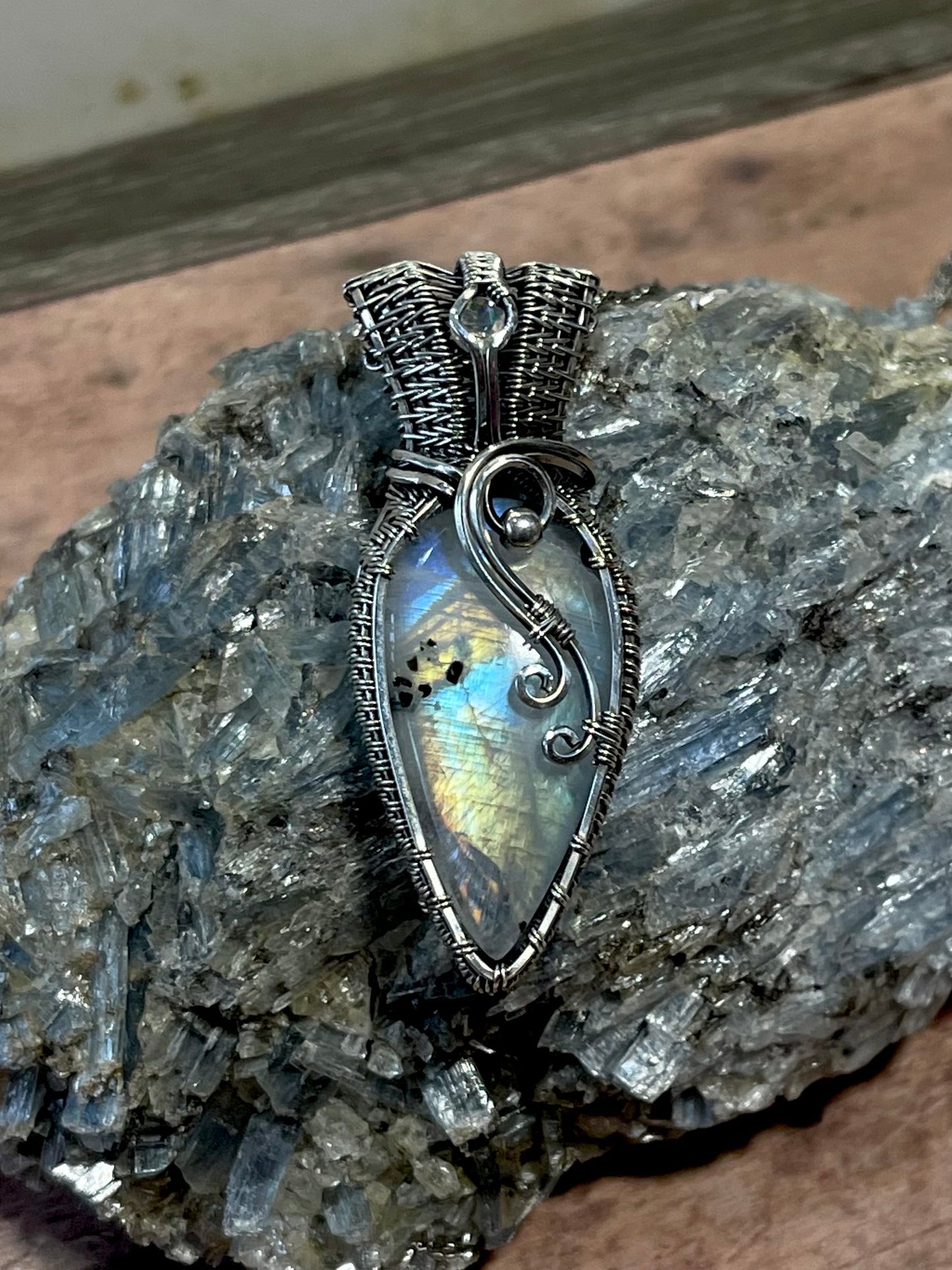 Sterling Silver Moonstone Teardrop Pendant, Wire Wrapped Moonstone Necklace, Handmade Moonstone Jewelry, Pear Shaped Rainbow Moonstone