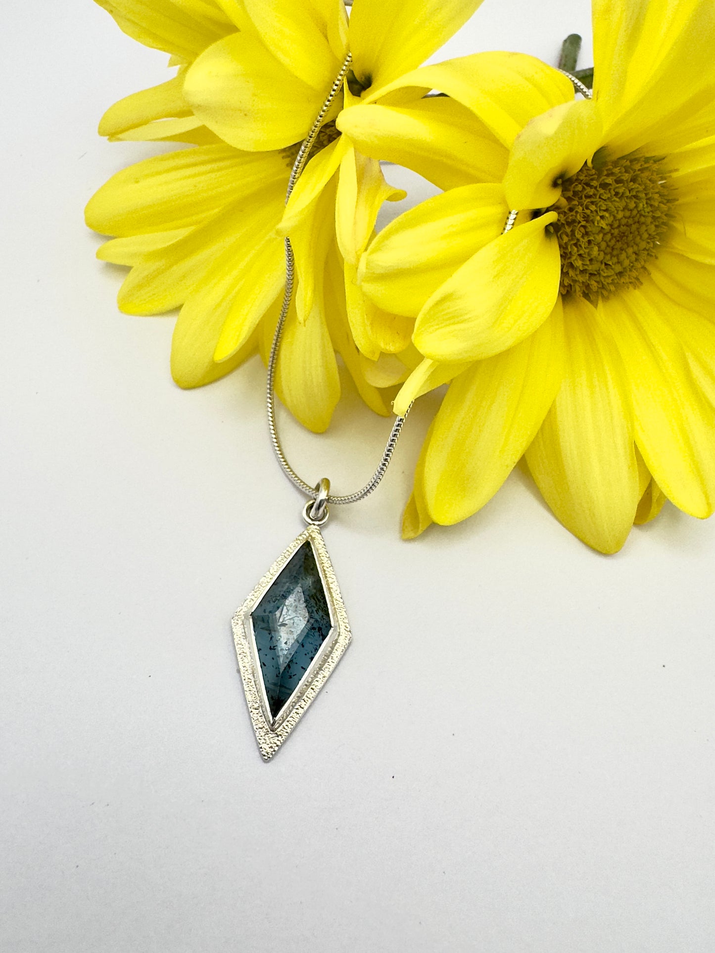 Kyanite Necklace in Sterling and Fine Silver with a Beautiful Yellow Gerbera Daisy