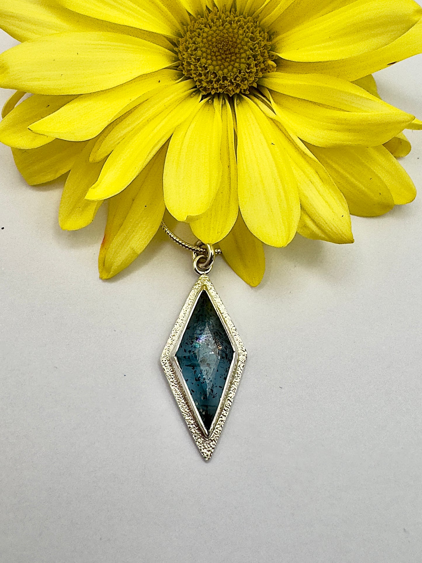 Kyanite Necklace in Sterling and Fine Silver with a Beautiful Yellow Gerbera Daisy