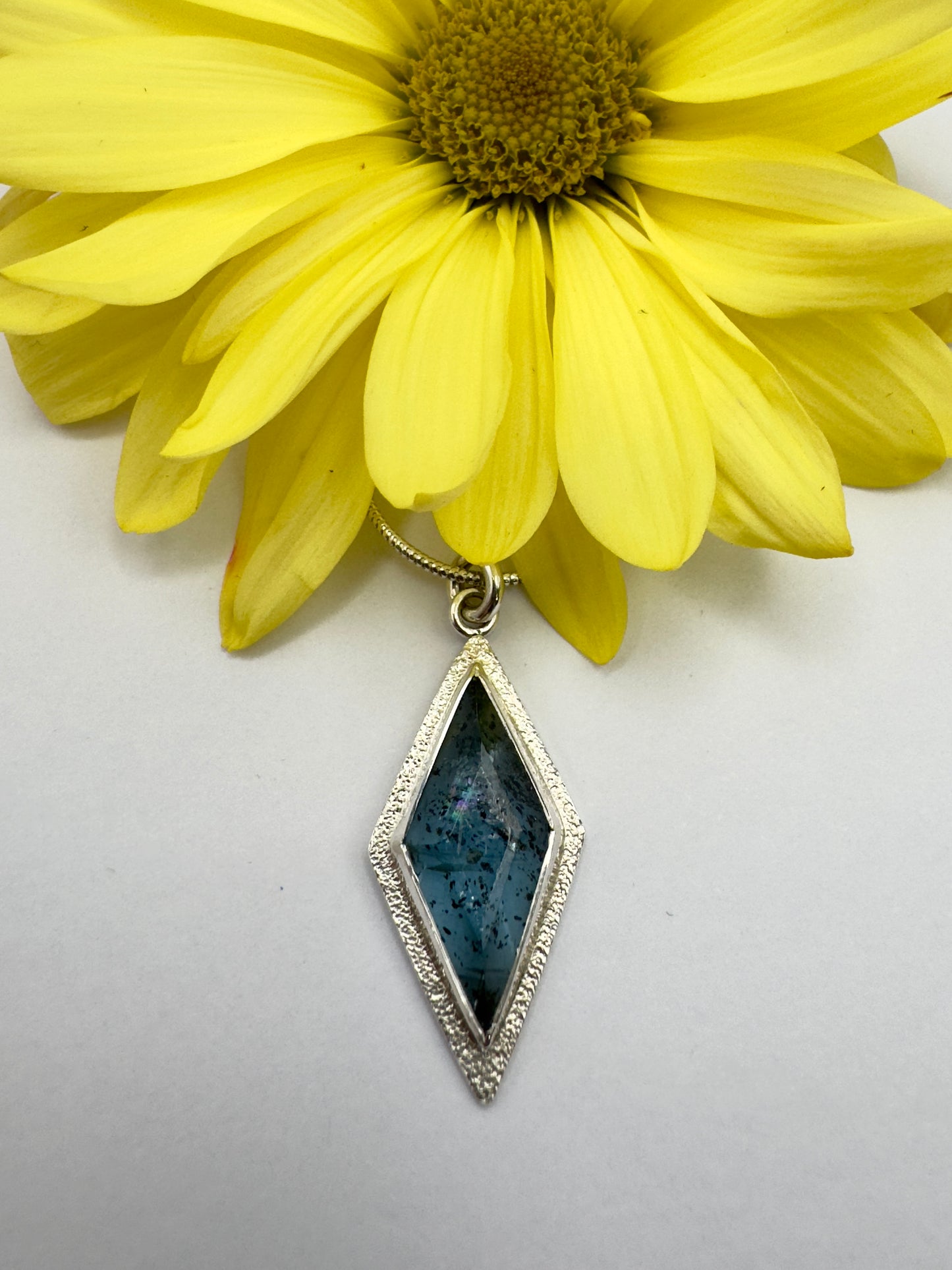Kyanite Necklace in Sterling and Fine Silver with a Beautiful Yellow Gerbera Daisy