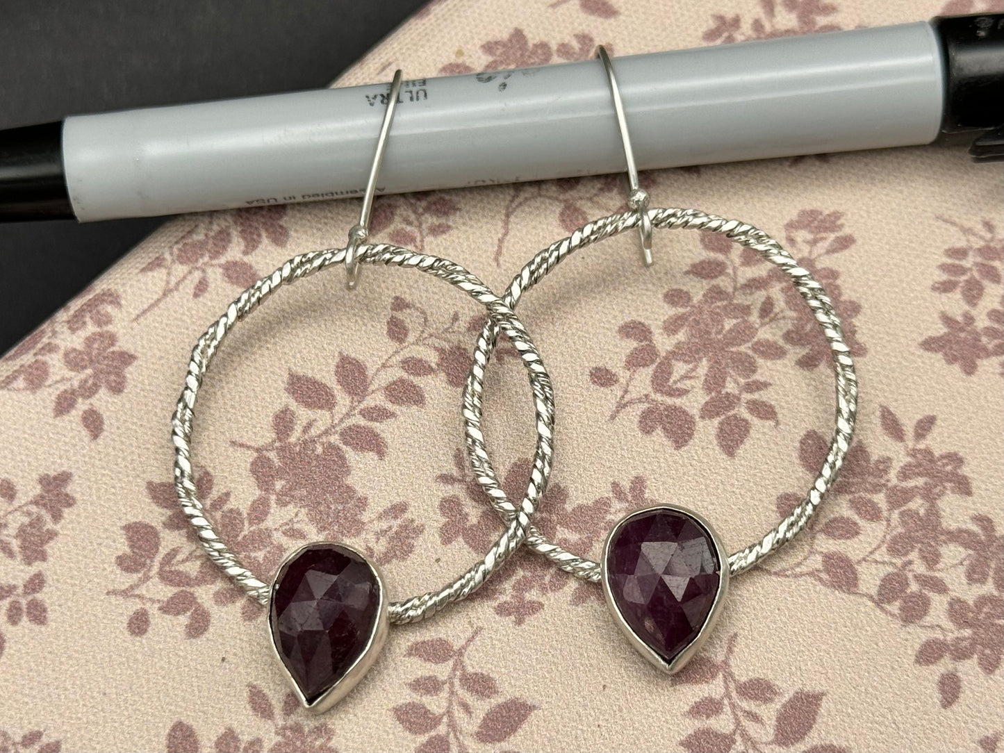 Twisted Pink Sapphire Hoop Earrings