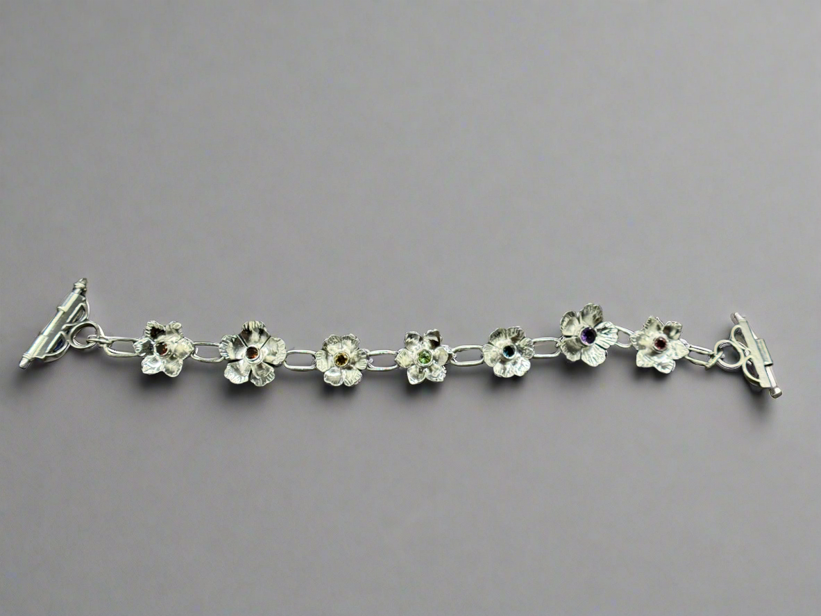 The Garden Bracelet - Sterling Silver Rainbow Flower Chain Bracelet with Captive Bolt Hinge Clasp