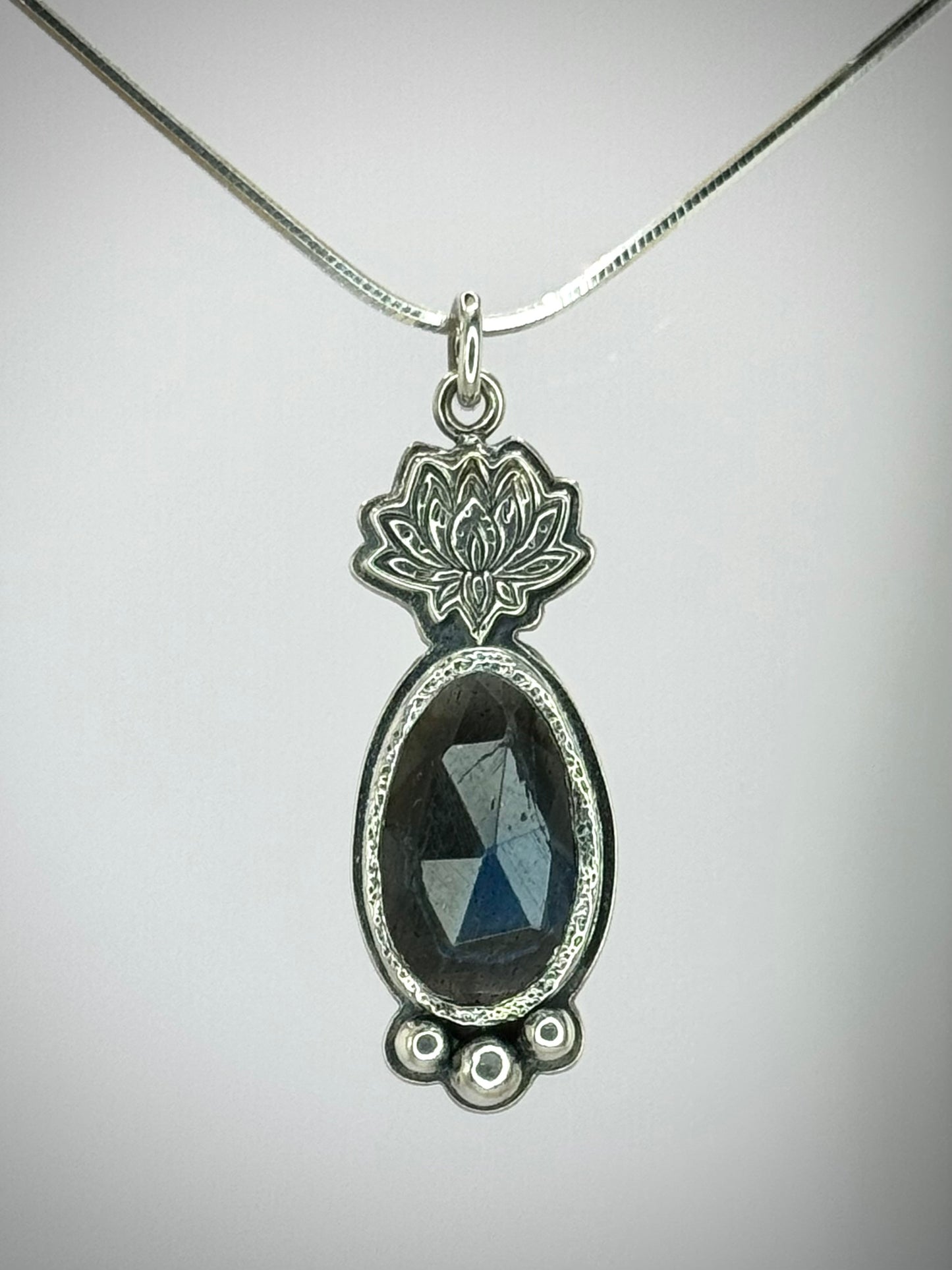 Sterling Silver Blue Labradorite Necklace featuring a hand stamped lotus flower