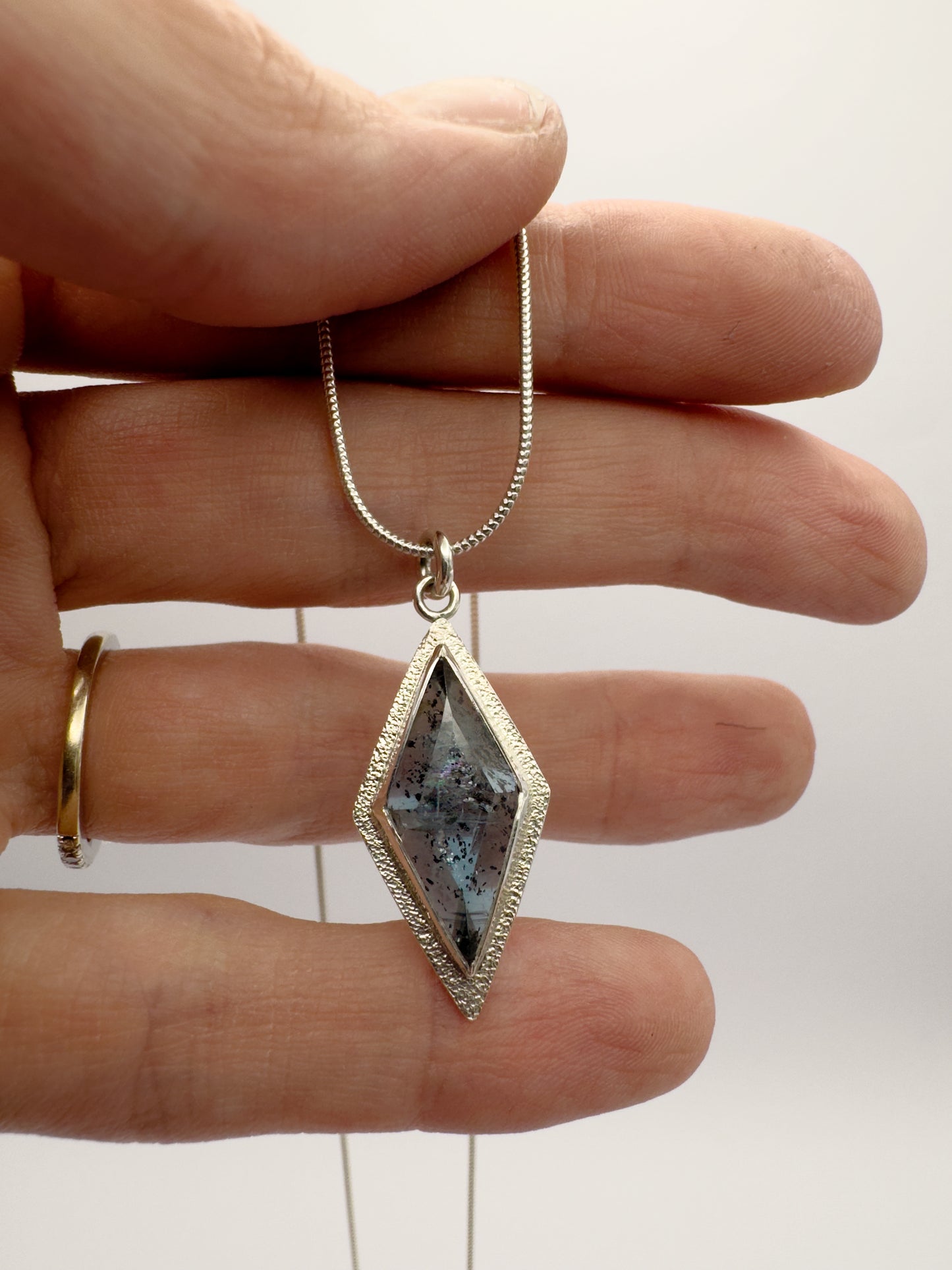 Diamond Shaped Kyanite Gemstone Necklace Set in Sterling and Fine Silver