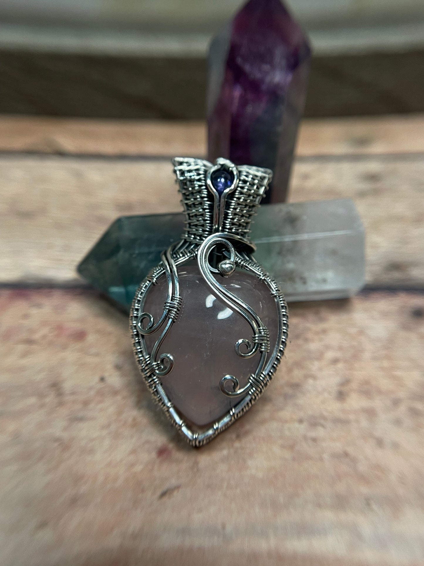 Rose Quartz Sterling Silver Heart Pendant with Iolite