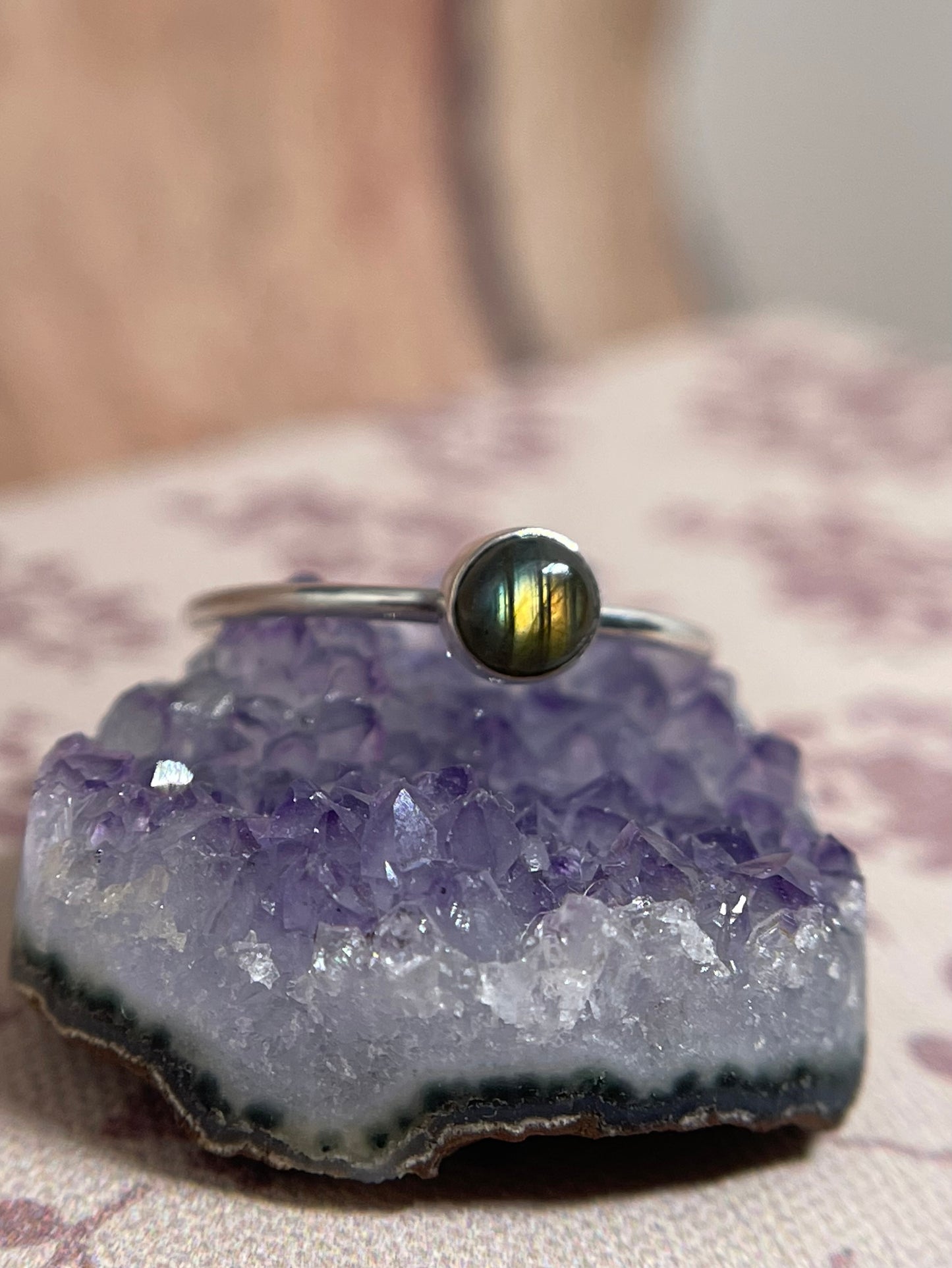 Sterling Silver Stacking Ring Featuring a Round Labradorite Gemstone with a flash like a Woodland Dream