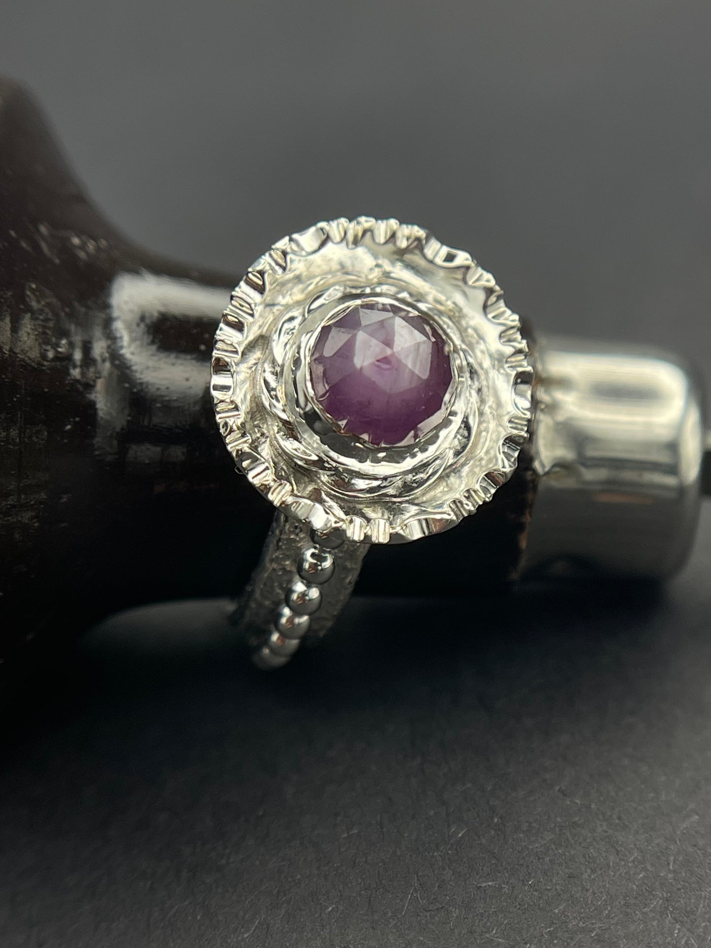Sterling Silver Statement Ring featuring a Round Rose Cut Pink Sapphire Twisted Wire and a Textured Dome