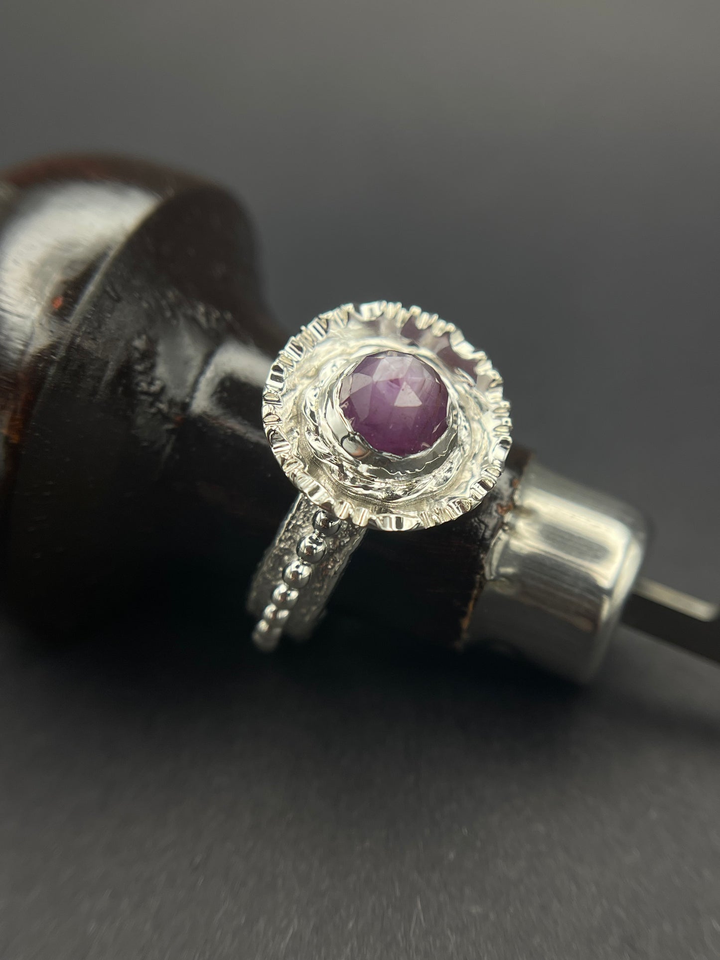 Pink Sapphire Sterling Silver Statement Ring showing the beaded wire on the ring band