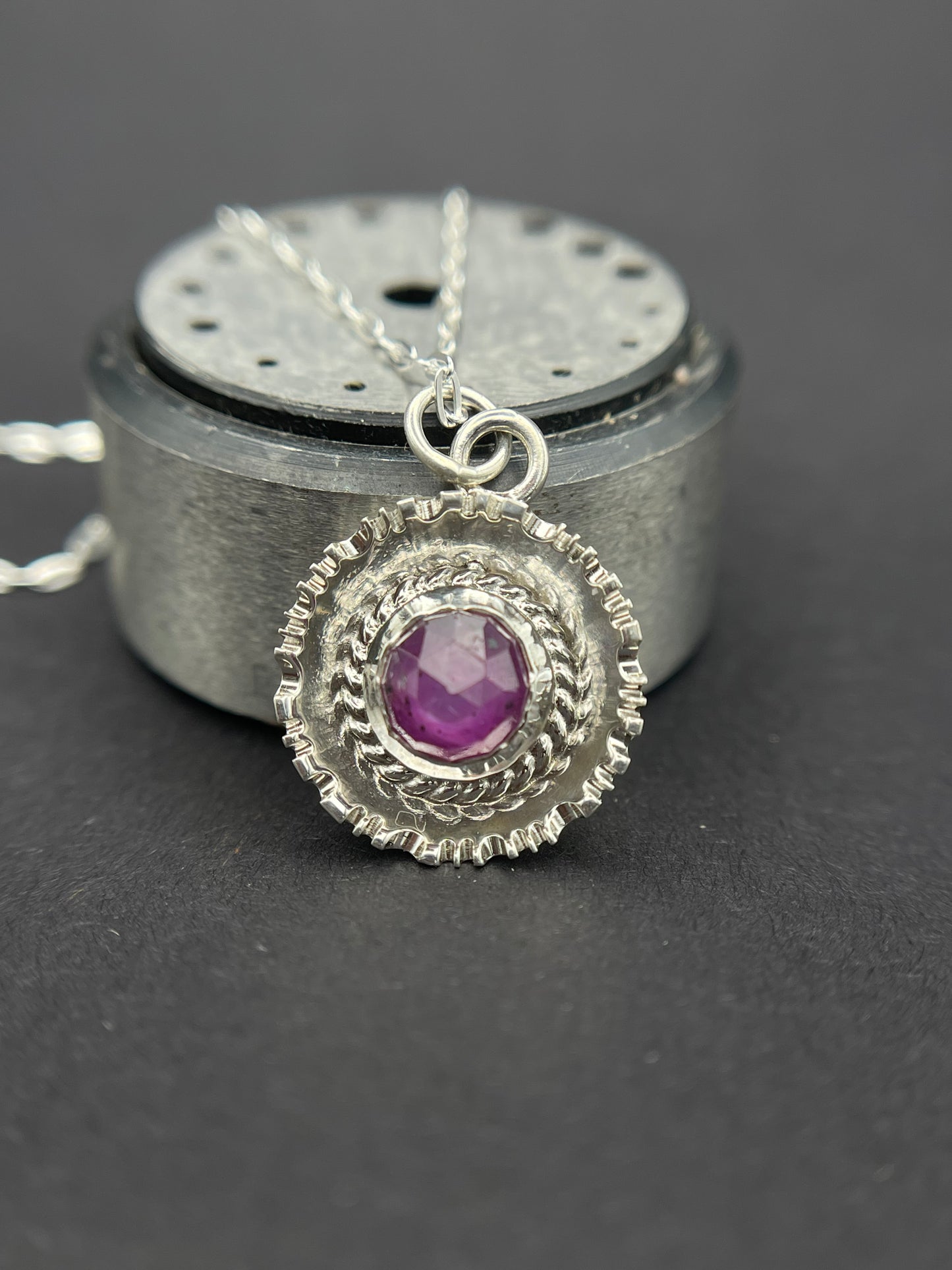 Sterling Silver Pendant featuring a Rose Cut Round Pink Sapphire Surrounded by beaded wire and textured dome