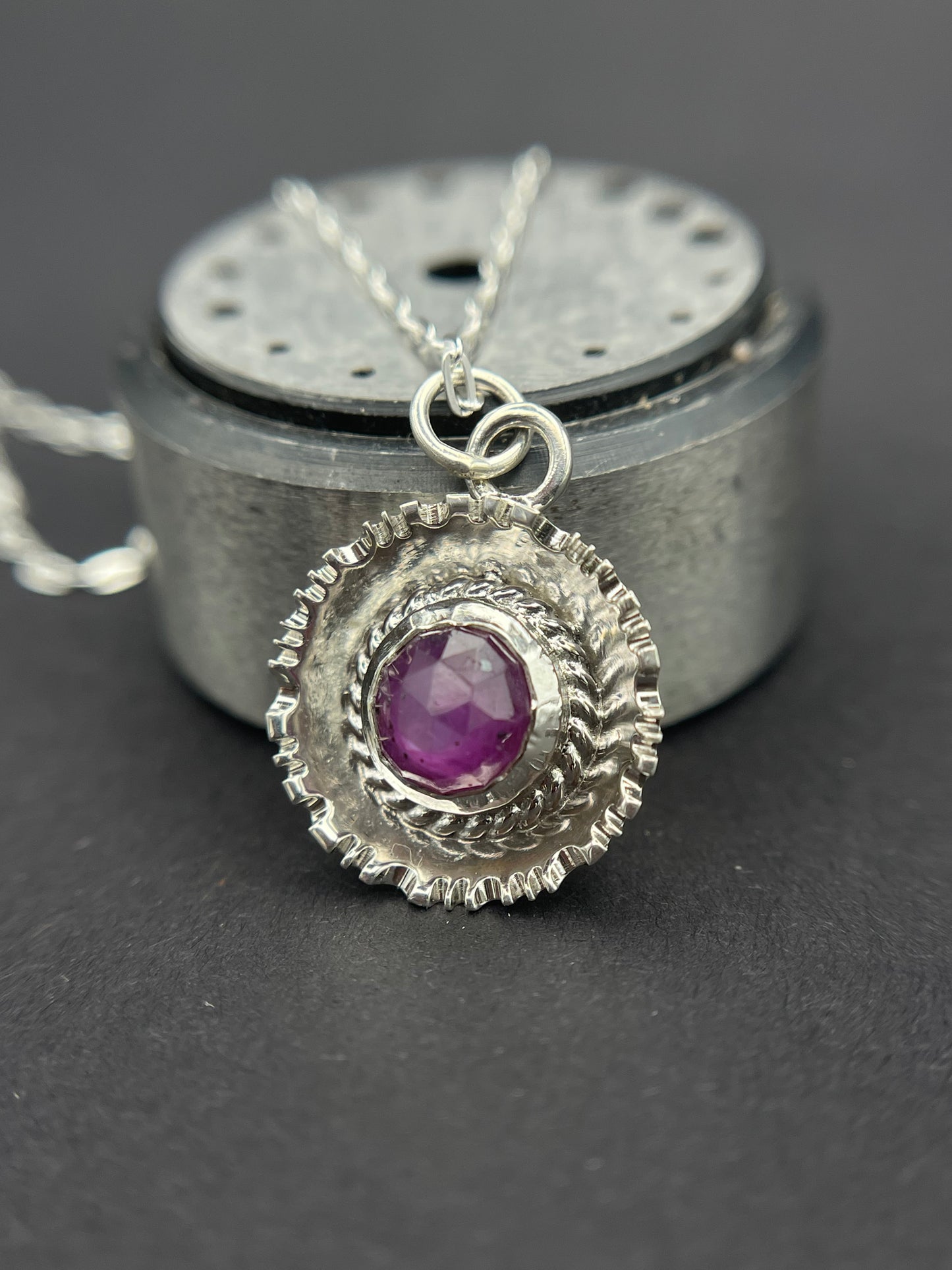 Sterling Silver Pendant featuring a Rose Cut Round Pink Sapphire Surrounded by beaded wire and textured dome