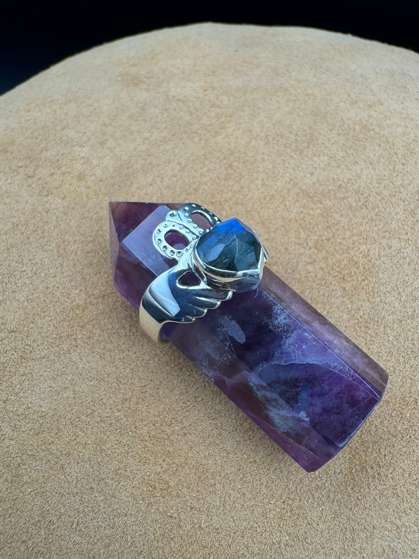 Sterling Silver Claddagh Ring featuring Blue Labradorite Heart Shaped Rose Cut Gemstone