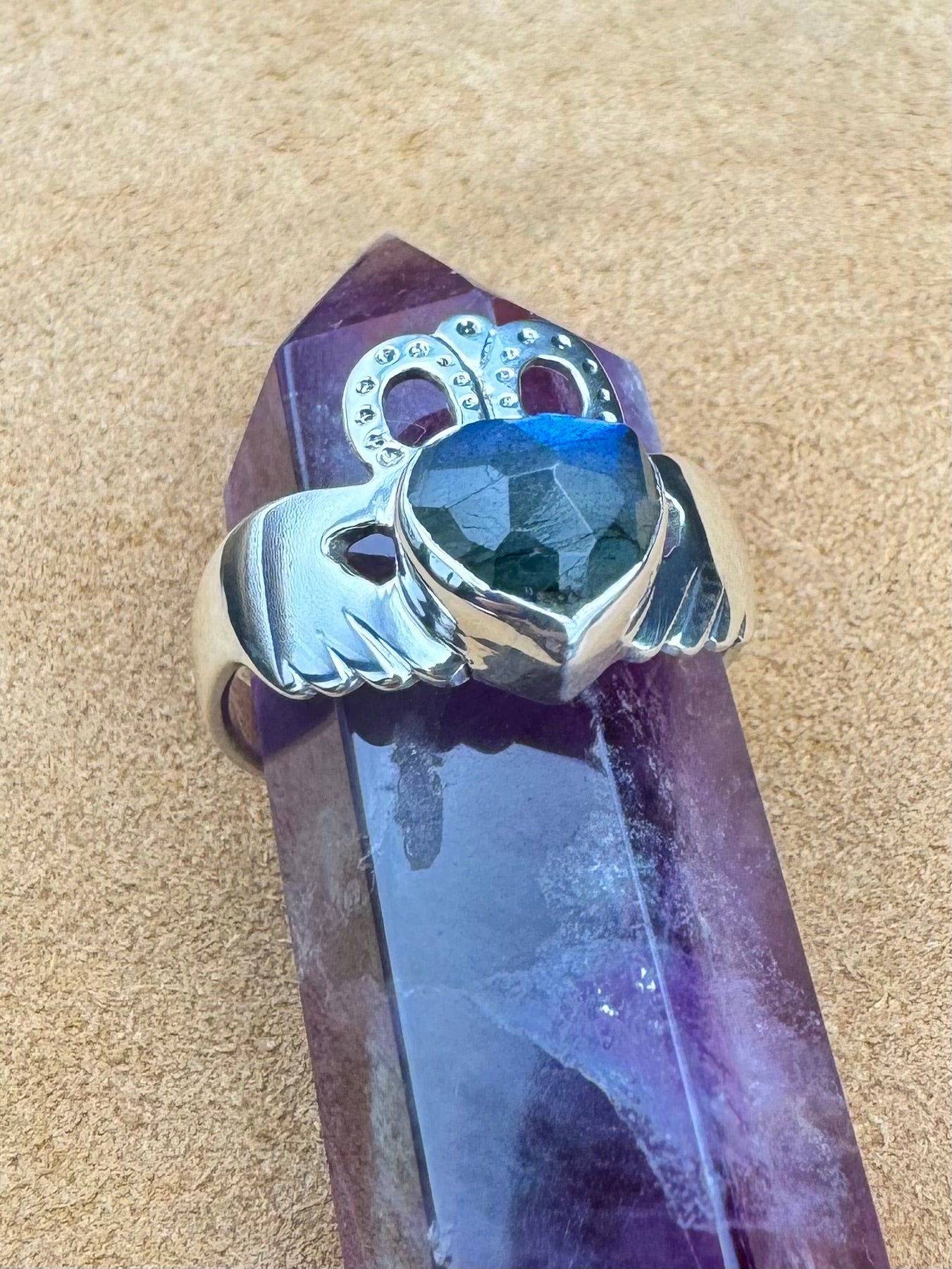 Sterling Silver Claddagh Ring featuring Blue Labradorite Heart Shaped Rose Cut Gemstone