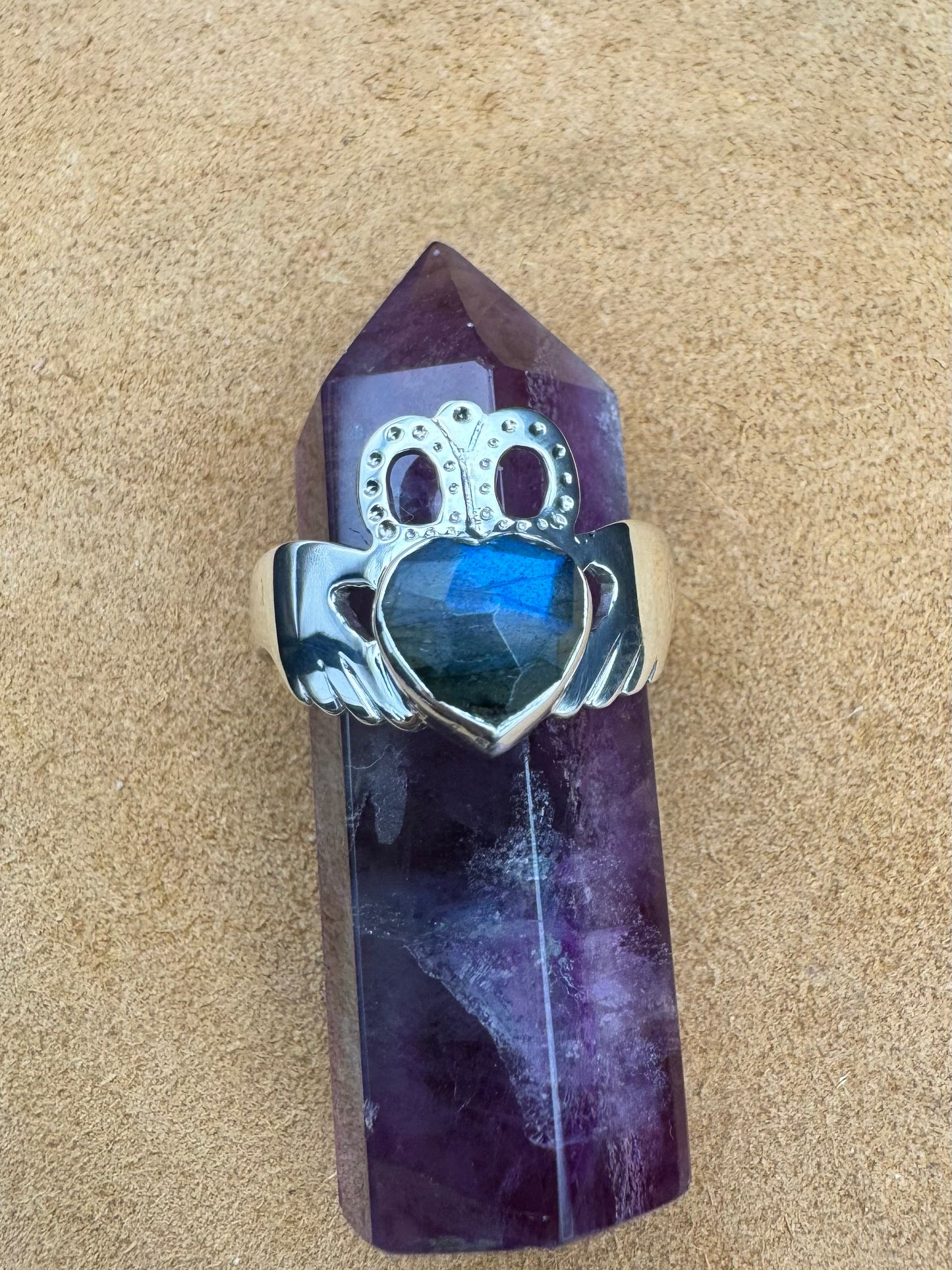 Sterling Silver Claddagh Ring featuring Blue Labradorite Heart Shaped Rose Cut Gemstone