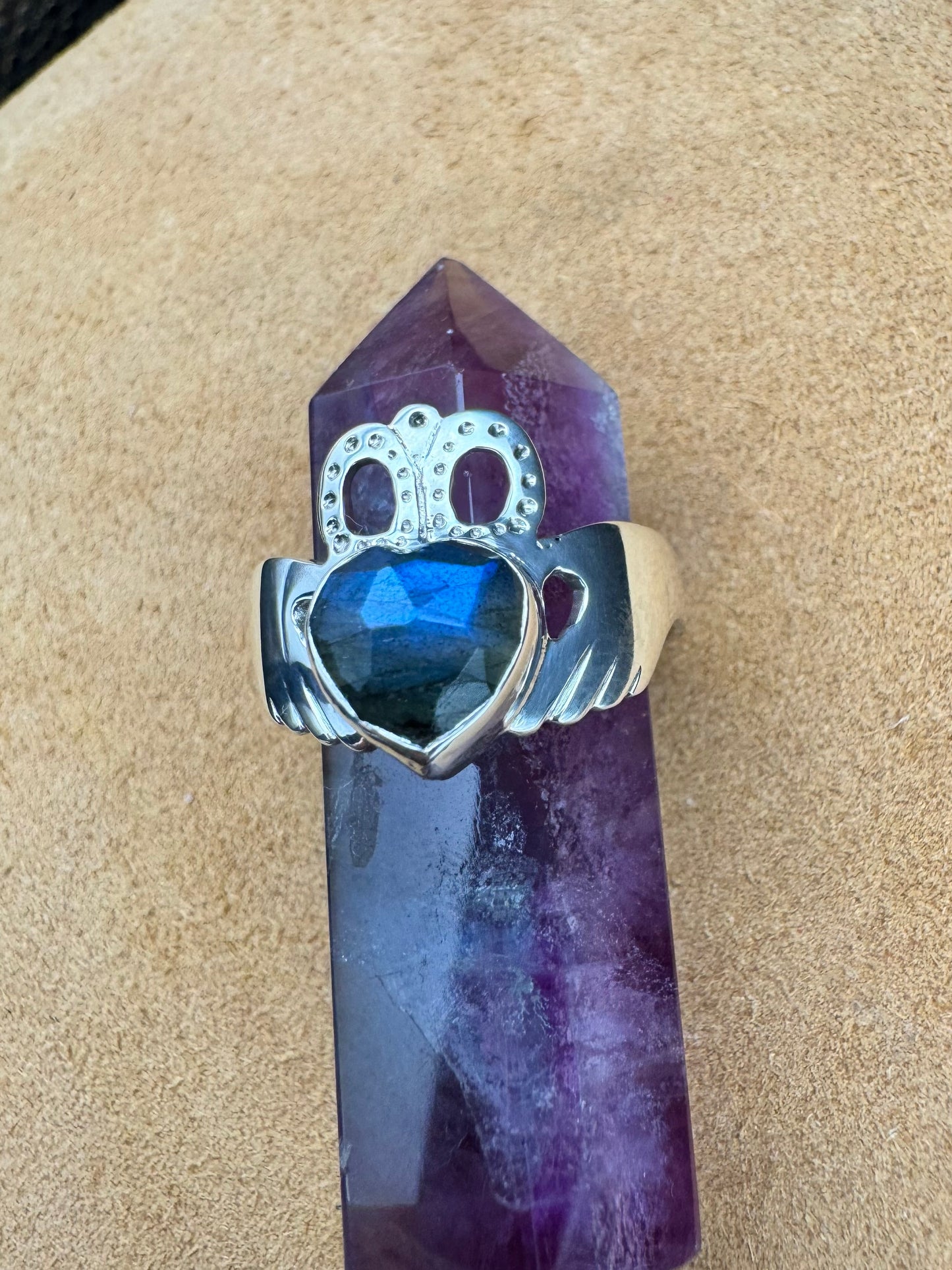 Sterling Silver Claddagh Ring featuring Blue Labradorite Heart Shaped Rose Cut Gemstone