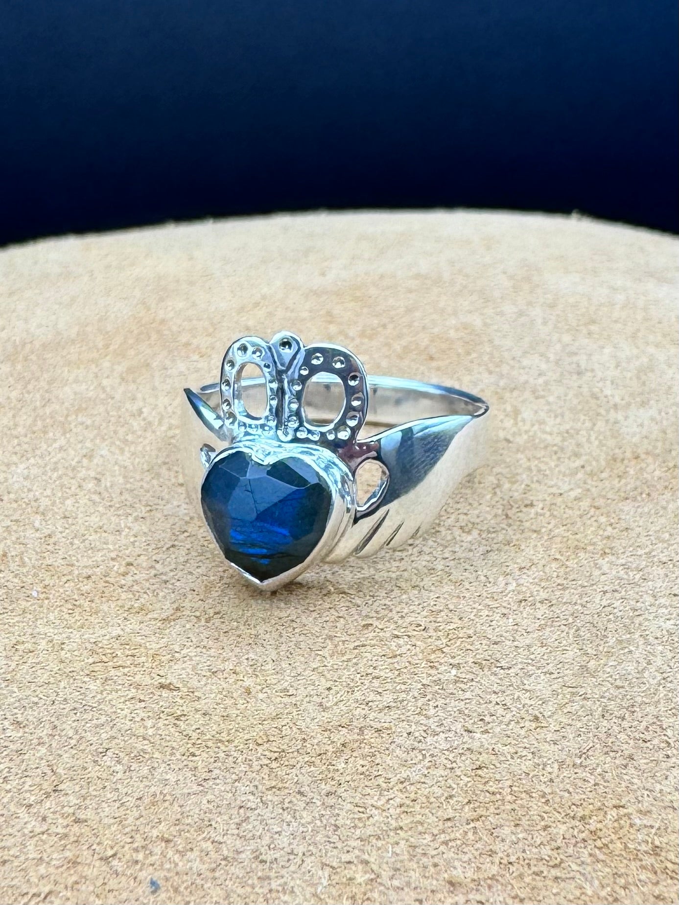 Sterling Silver Claddagh Ring featuring Blue Labradorite Heart Shaped Rose Cut Gemstone