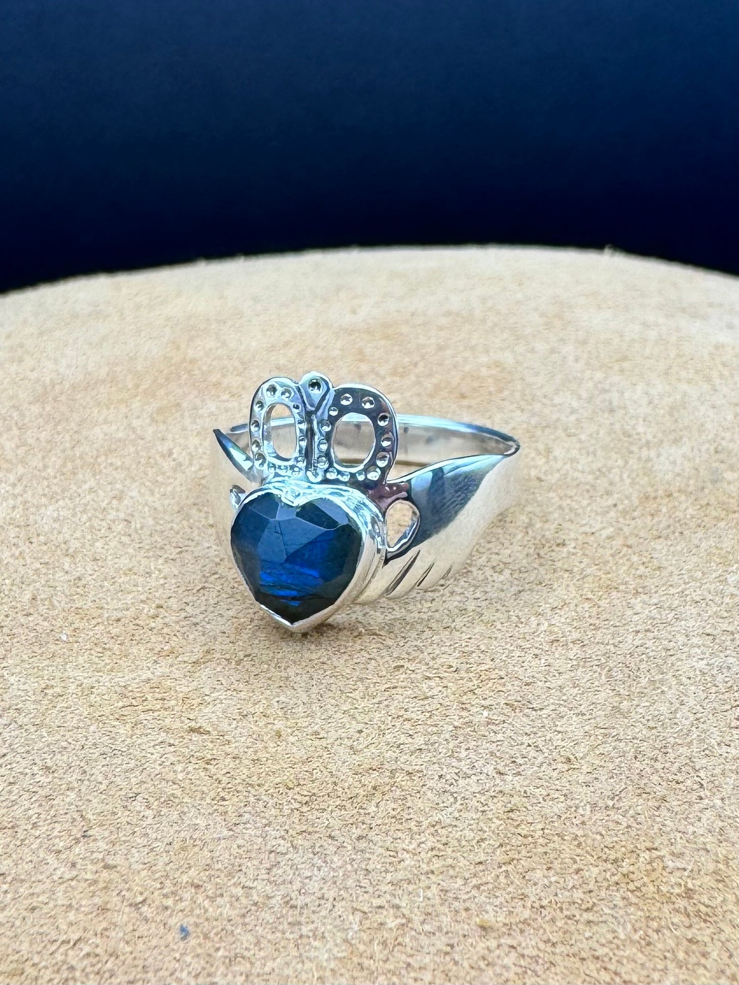 Sterling Silver Claddagh Ring featuring Blue Labradorite Heart Shaped Rose Cut Gemstone