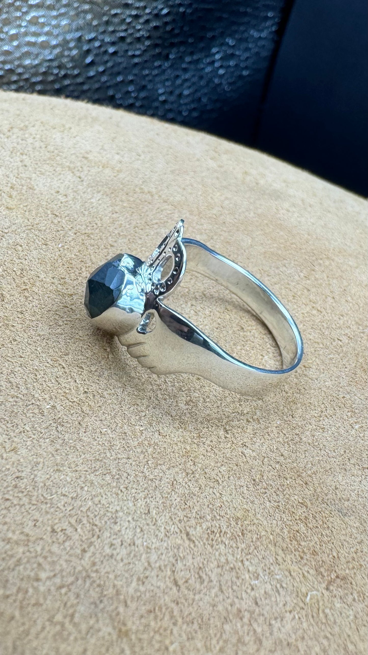 Sterling Silver Claddagh Ring featuring Blue Labradorite Heart Shaped Rose Cut Gemstone