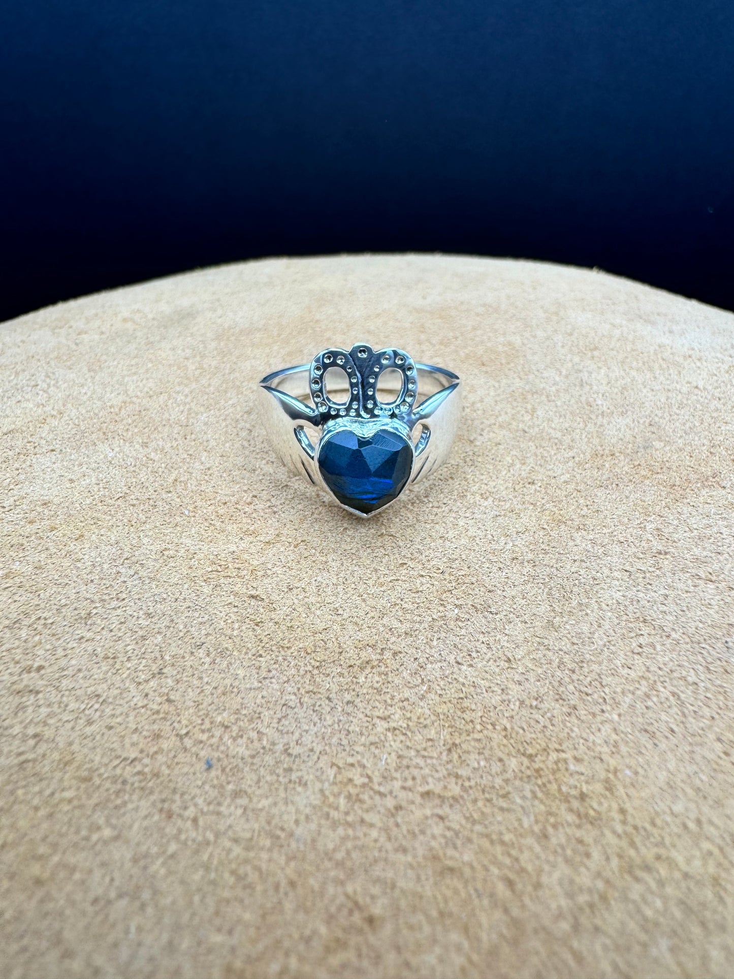 Sterling Silver Claddagh Ring featuring Blue Labradorite Heart Shaped Rose Cut Gemstone
