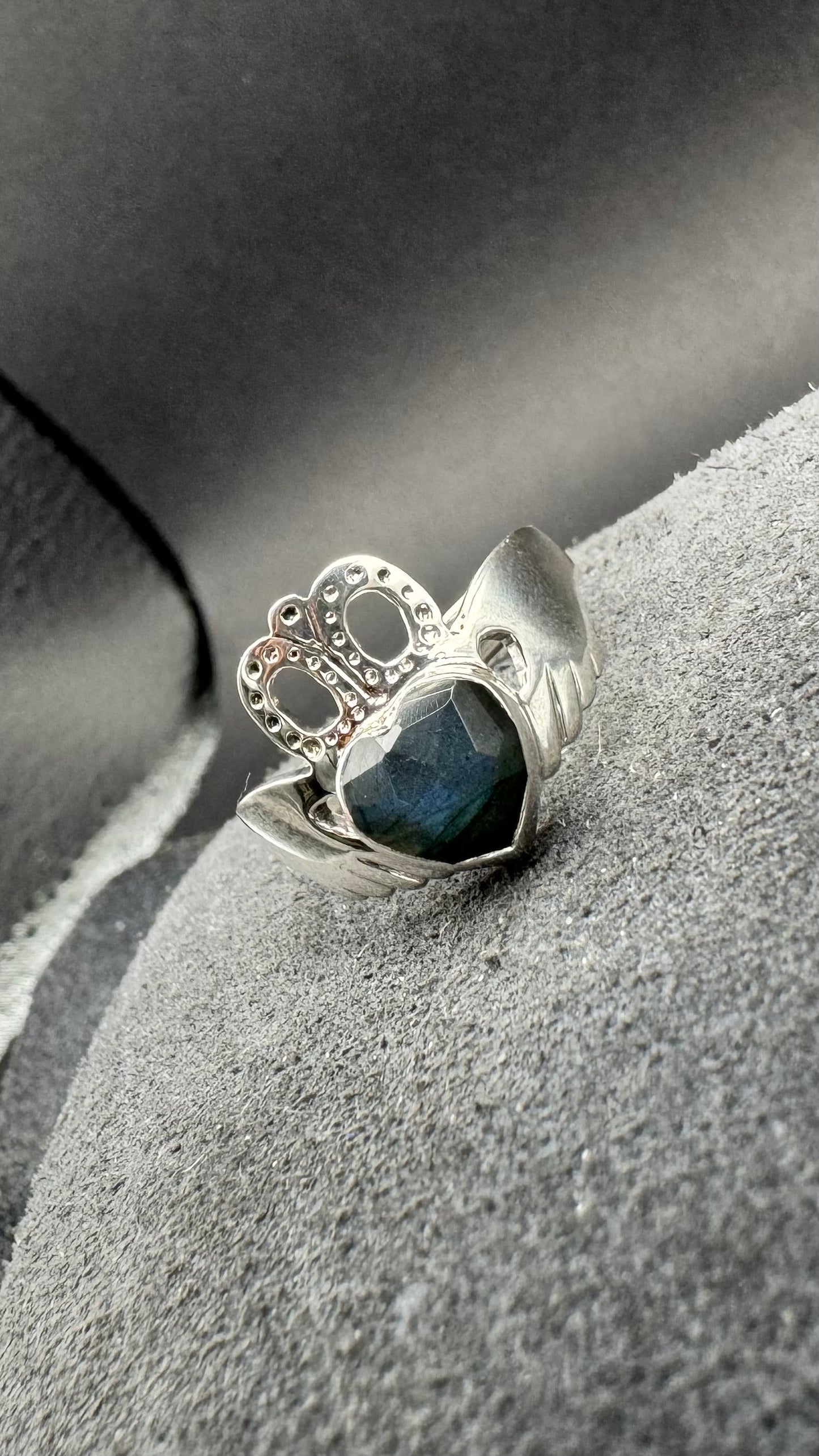 Sterling Silver Claddagh Ring featuring Blue Labradorite Heart Shaped Rose Cut Gemstone