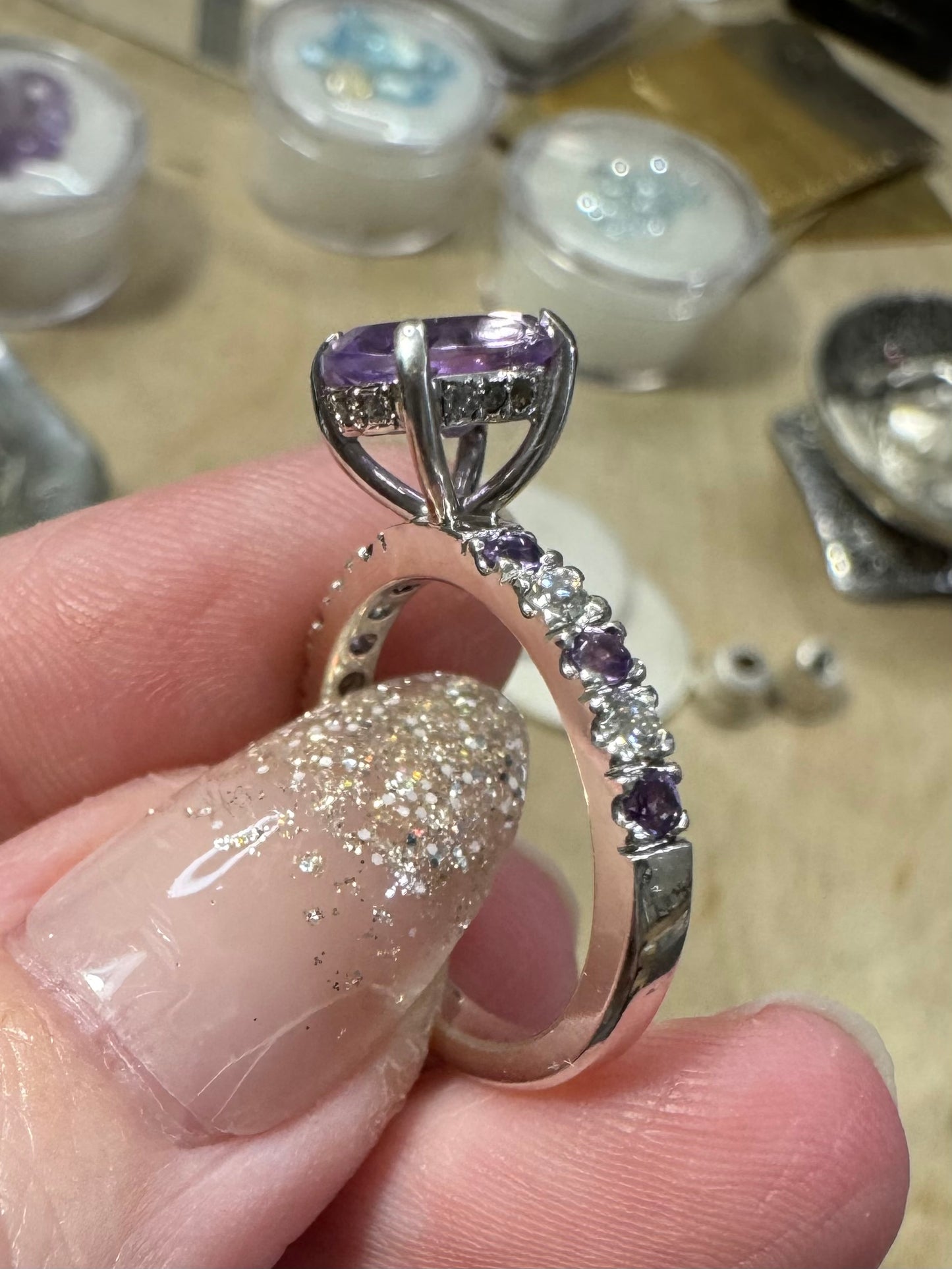 Handcrafted Sterling Silver Amethyst & Moissanite Eternity Ring – Oval Amethyst Centerpiece with Sparkling Accents
