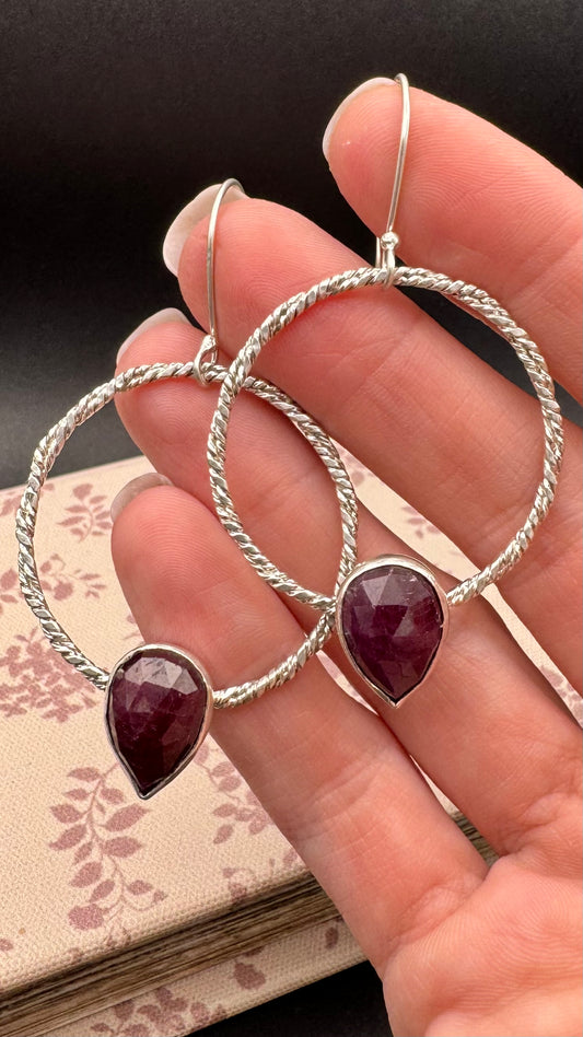 Twisted Pink Sapphire Hoop Earrings