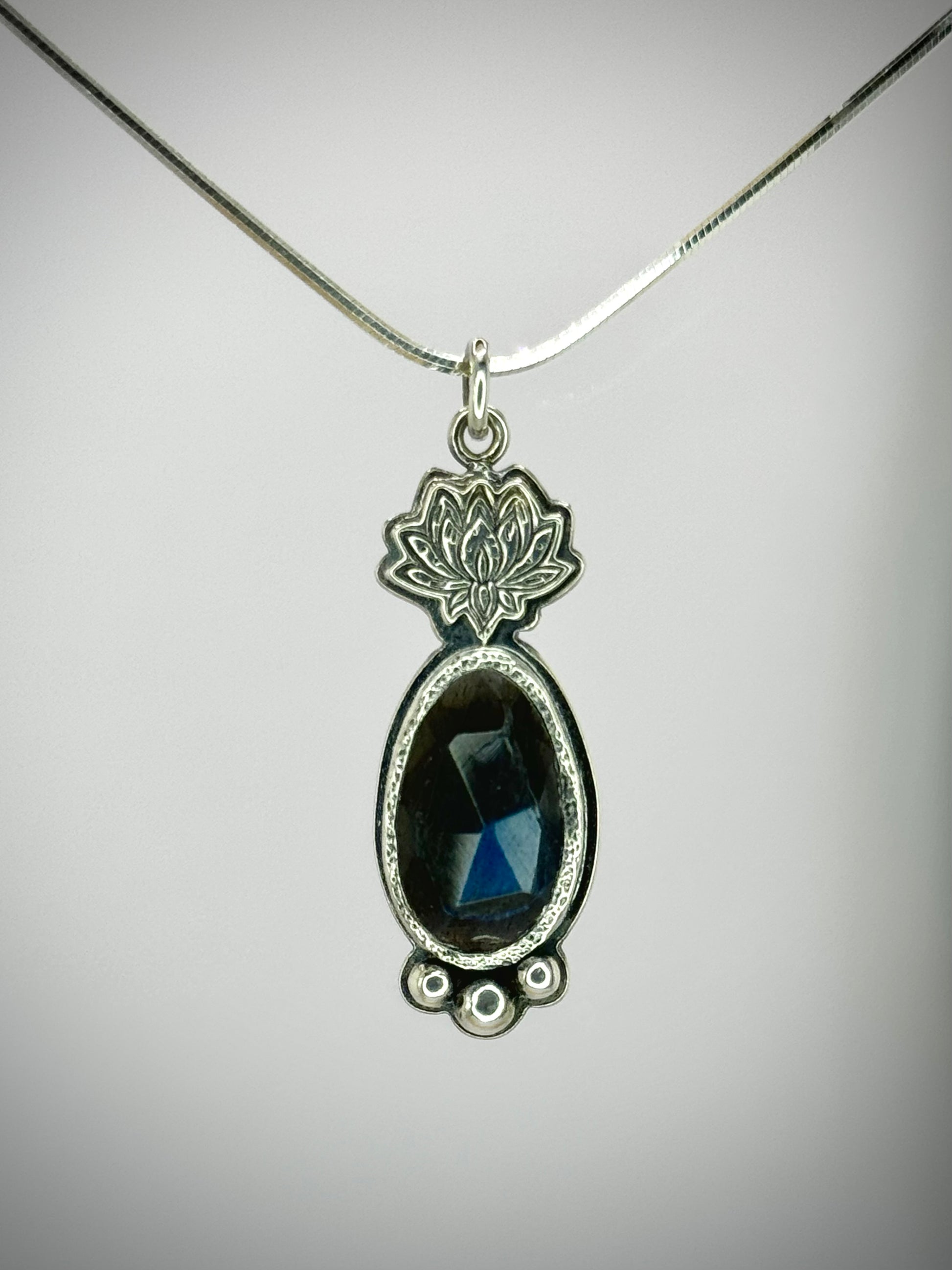 Sterling Silver Blue Labradorite Necklace featuring a hand stamped lotus flower