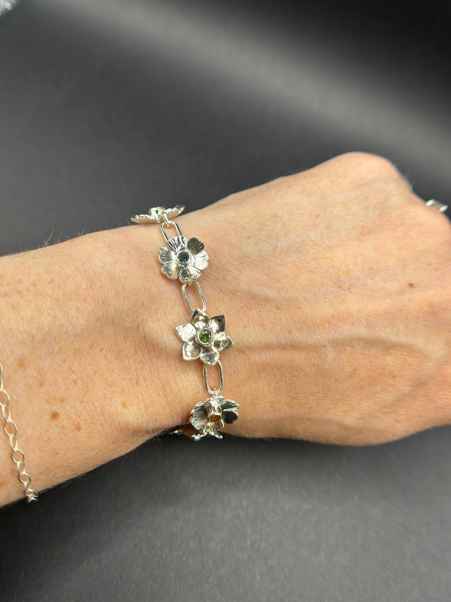 The Garden Bracelet - Sterling Silver Rainbow Flower Chain Bracelet with Captive Bolt Hinge Clasp