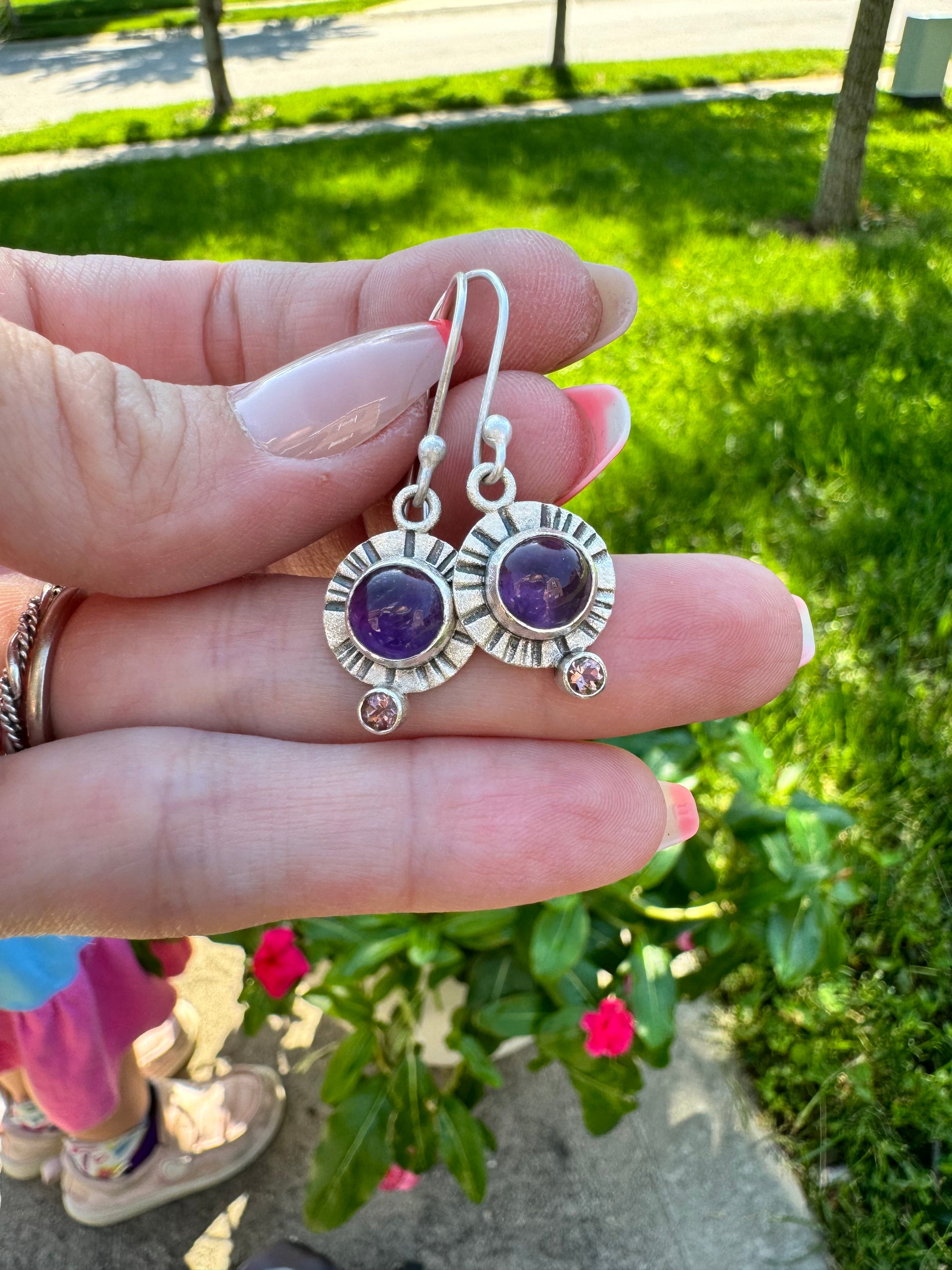 Photo of Amethyst and Tourmaline Sterling Silver Earrings with Argentium Silver Ear Wire