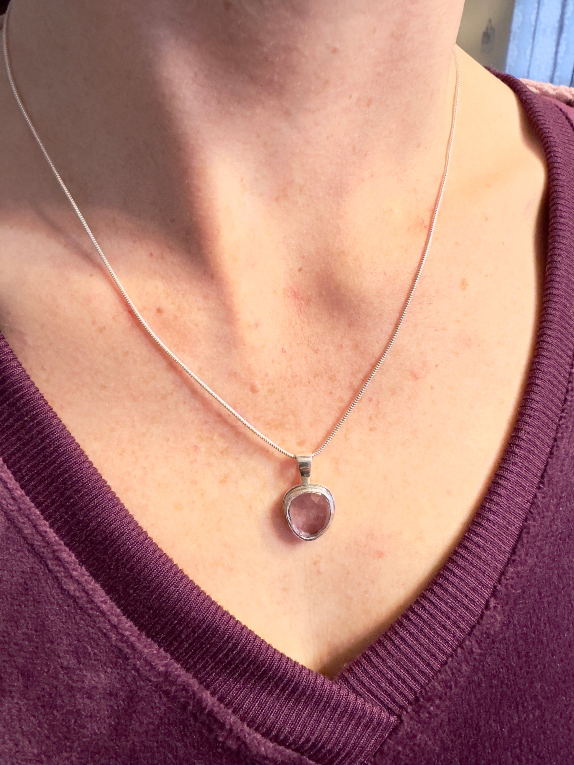 Rose Cut Ametrine Necklace in Sterling and Fine Silver on the neck