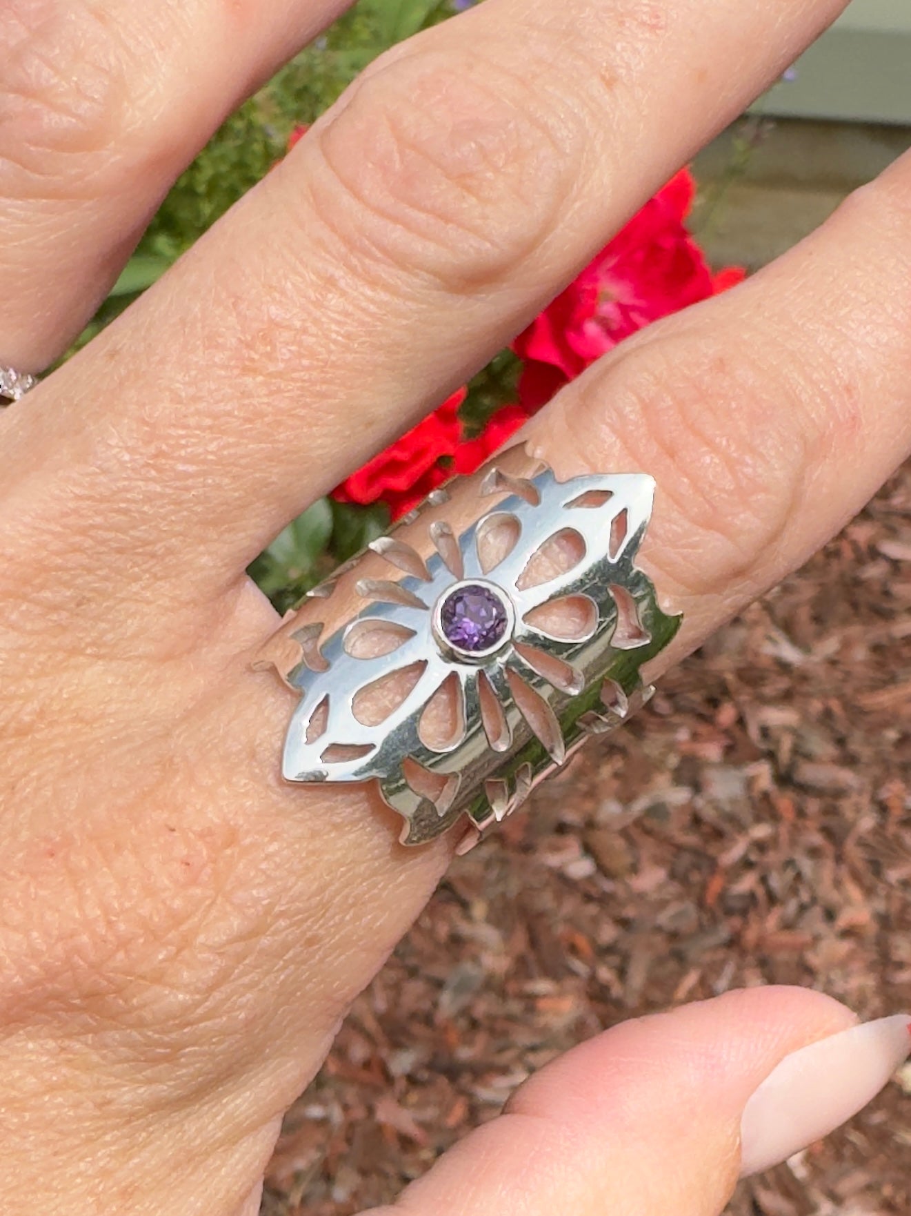 Amethyst Sterling Silver Saddle Statement Ring on hand