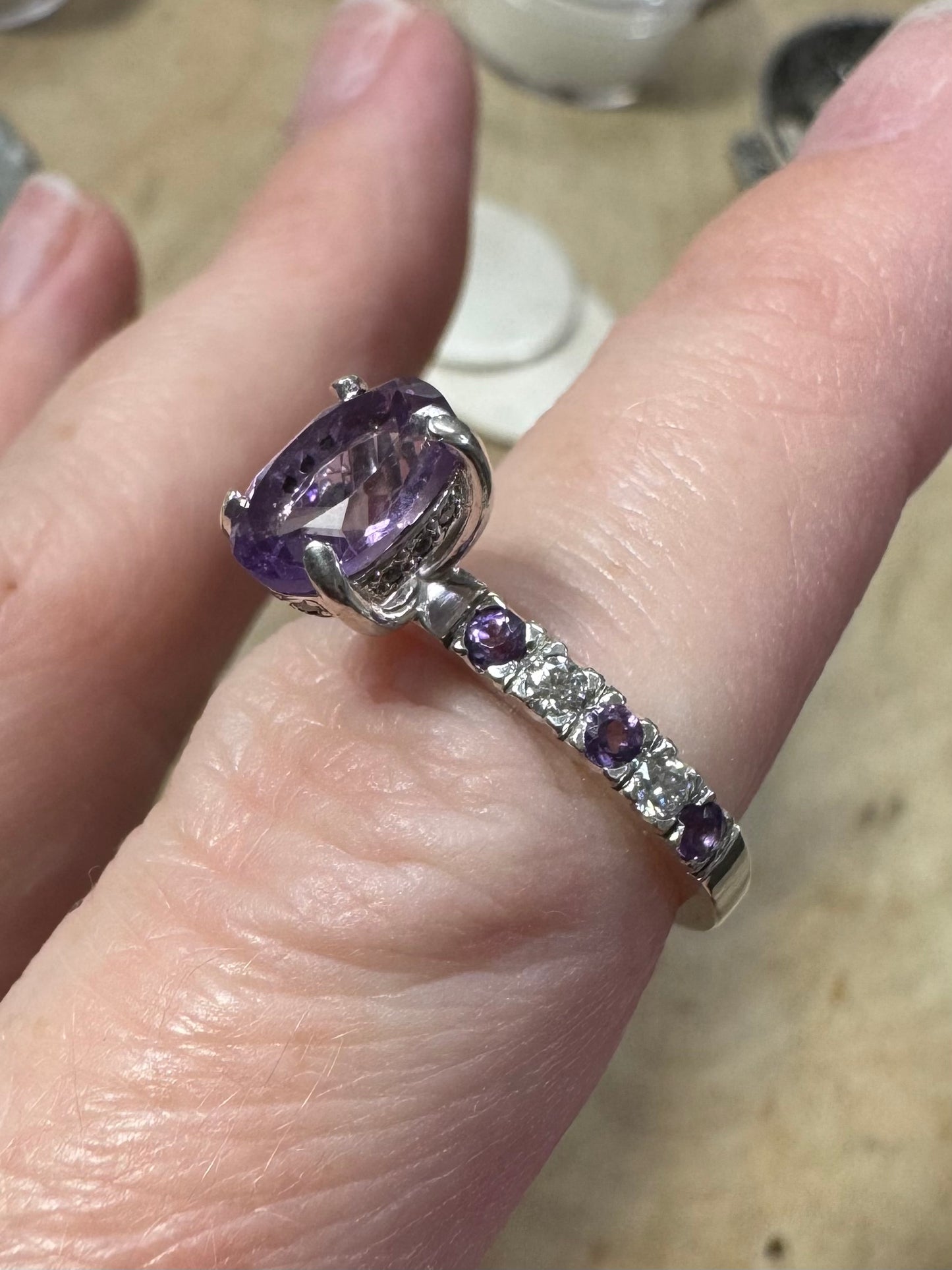 Handcrafted Sterling Silver Amethyst & Moissanite Eternity Ring – Oval Amethyst Centerpiece with Sparkling Accents