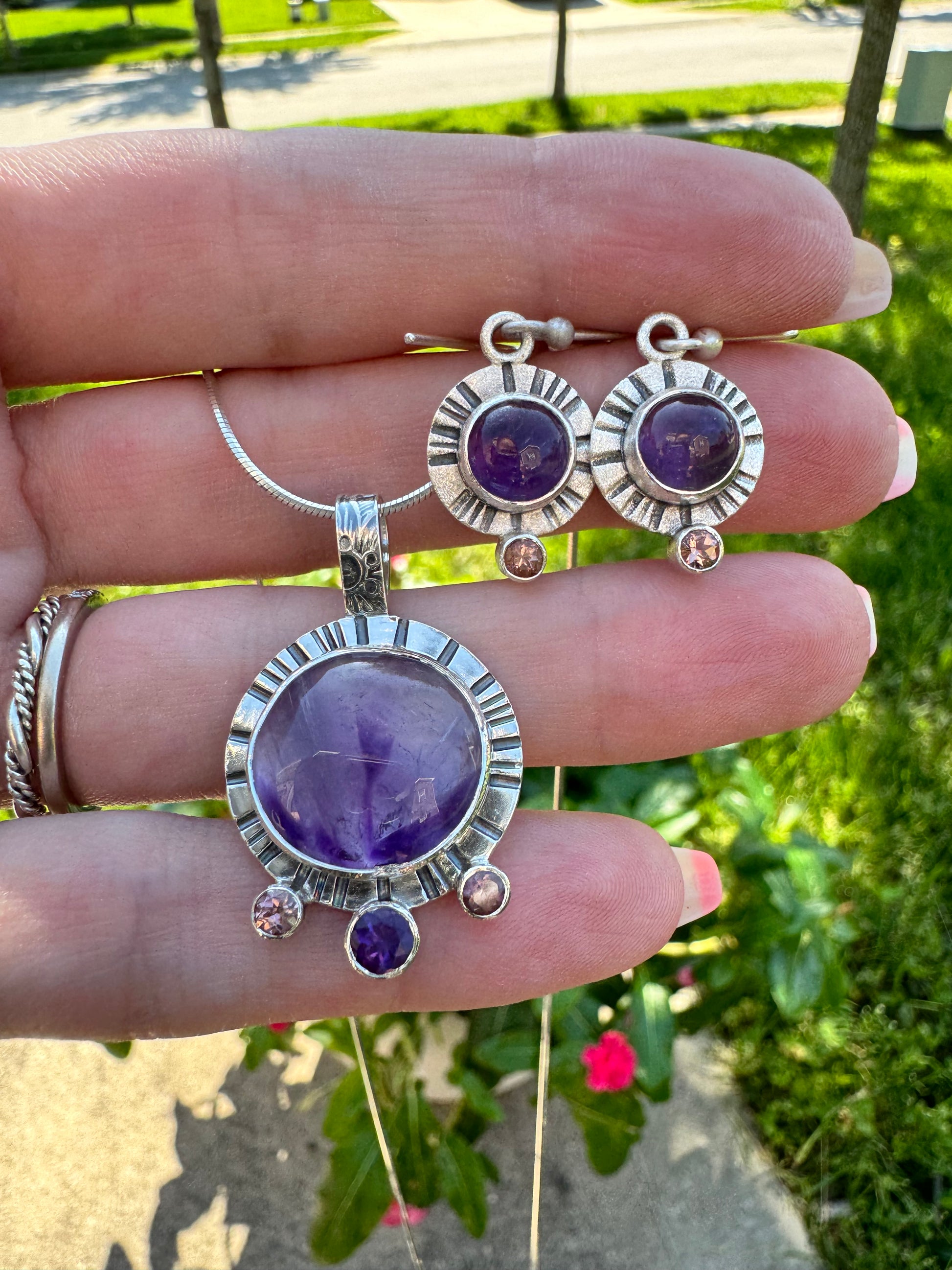 Photo of Amethyst and Pink Tourmaline Bezel and Tube Set Pendant with Matching Earrings