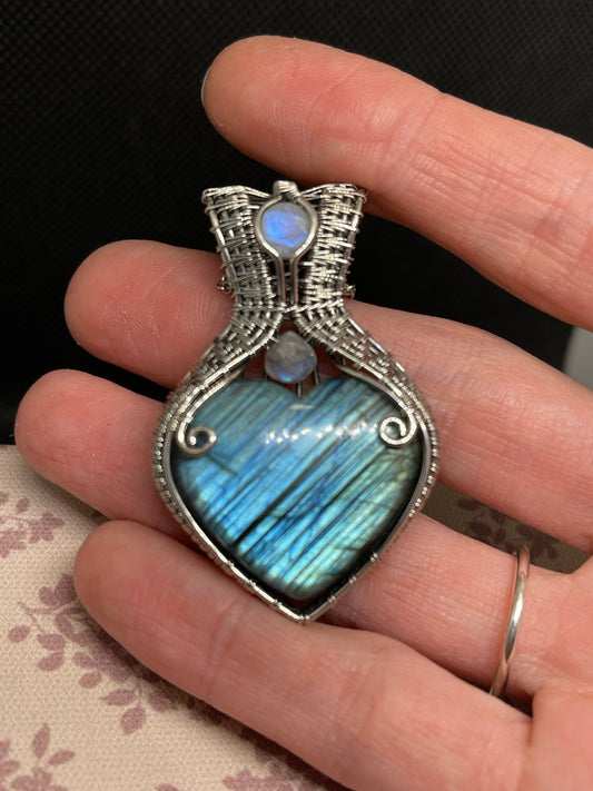 Sterling Silver Blue Labradorite Wire Wrapped Heart Pendant