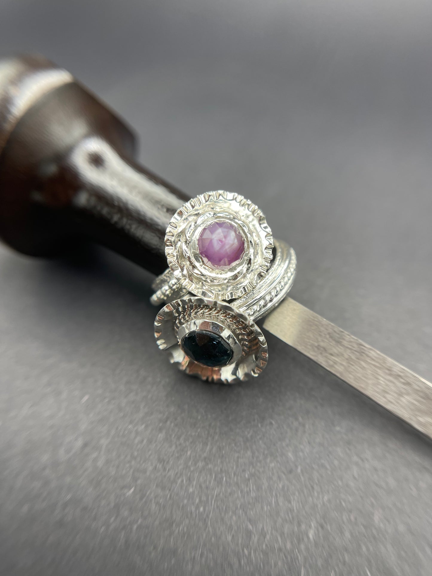 Kyanite Sterling Silver Statement Ring Pictured with our Pink Sapphire Statement Ring