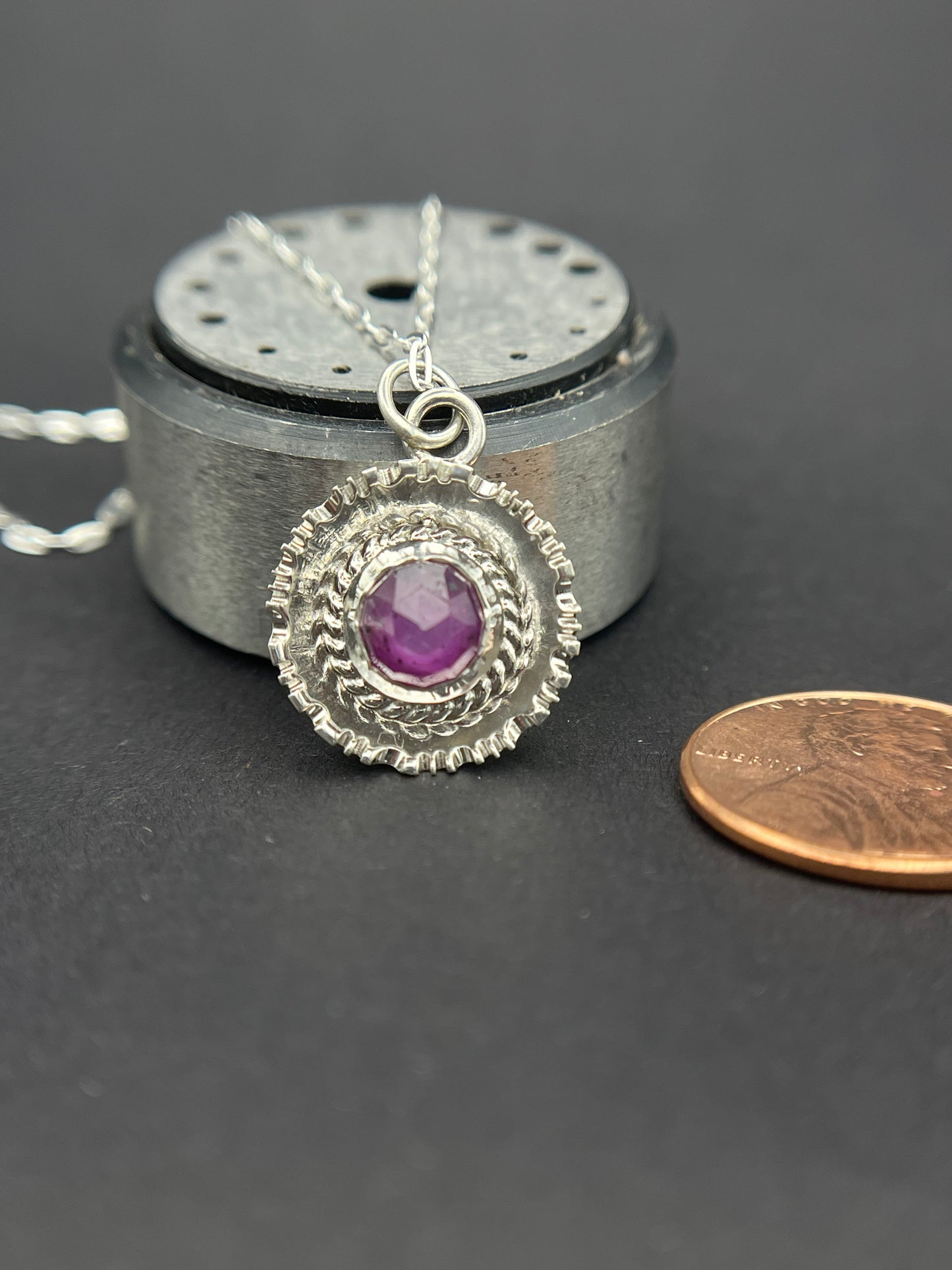 Sterling Silver Pendant featuring a Rose Cut Round Pink Sapphire Surrounded by beaded wire and textured dome