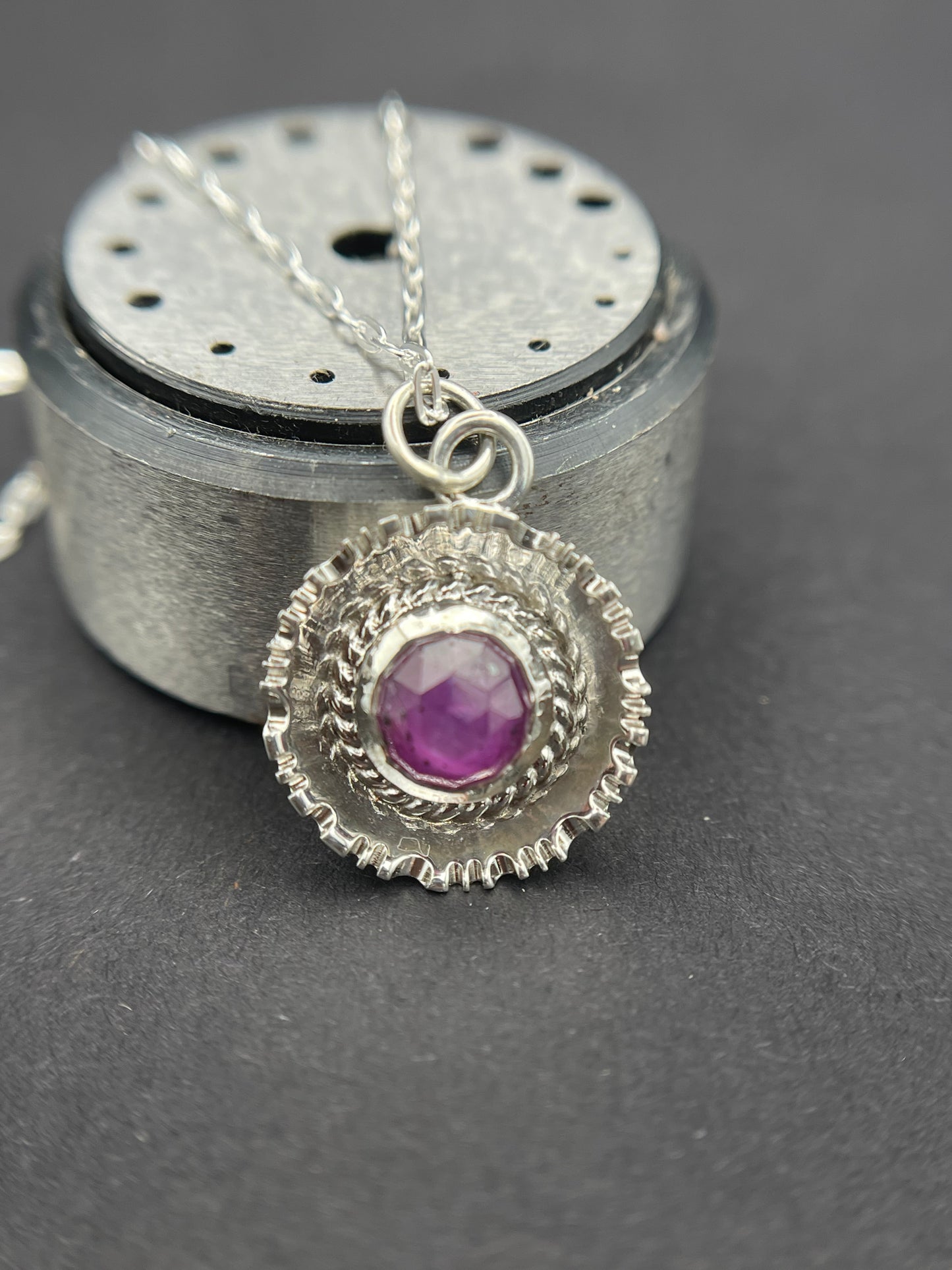 Sterling Silver Pendant featuring a Rose Cut Round Pink Sapphire Surrounded by beaded wire and textured dome