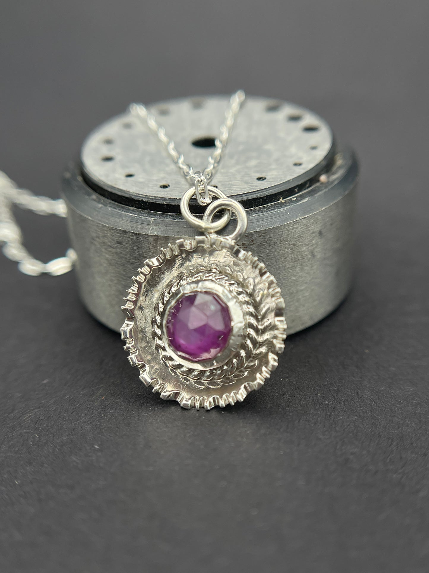 Sterling Silver Pendant featuring a Rose Cut Round Pink Sapphire Surrounded by beaded wire and textured dome