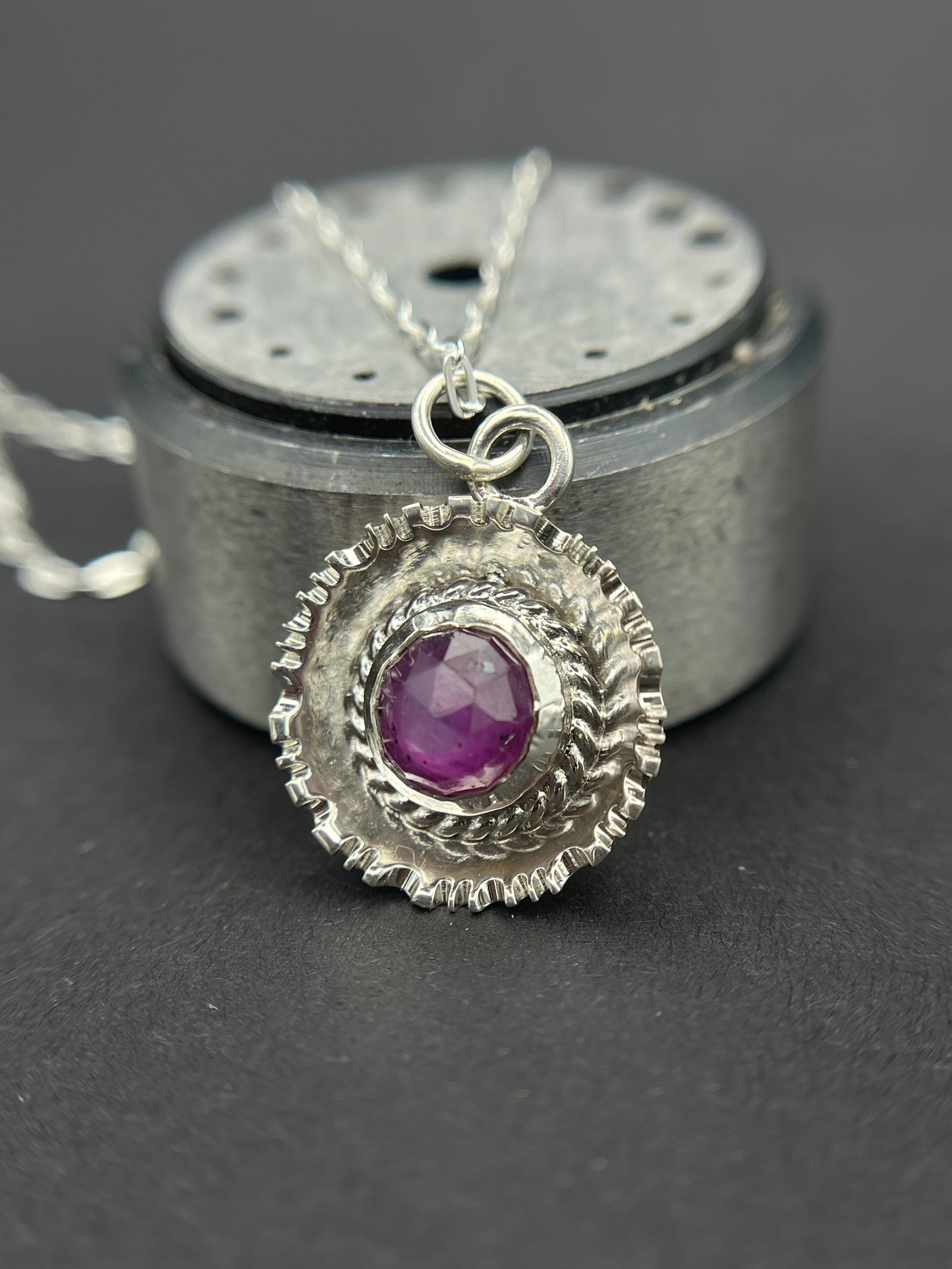Sterling Silver Pendant featuring a Rose Cut Round Pink Sapphire Surrounded by beaded wire and textured dome