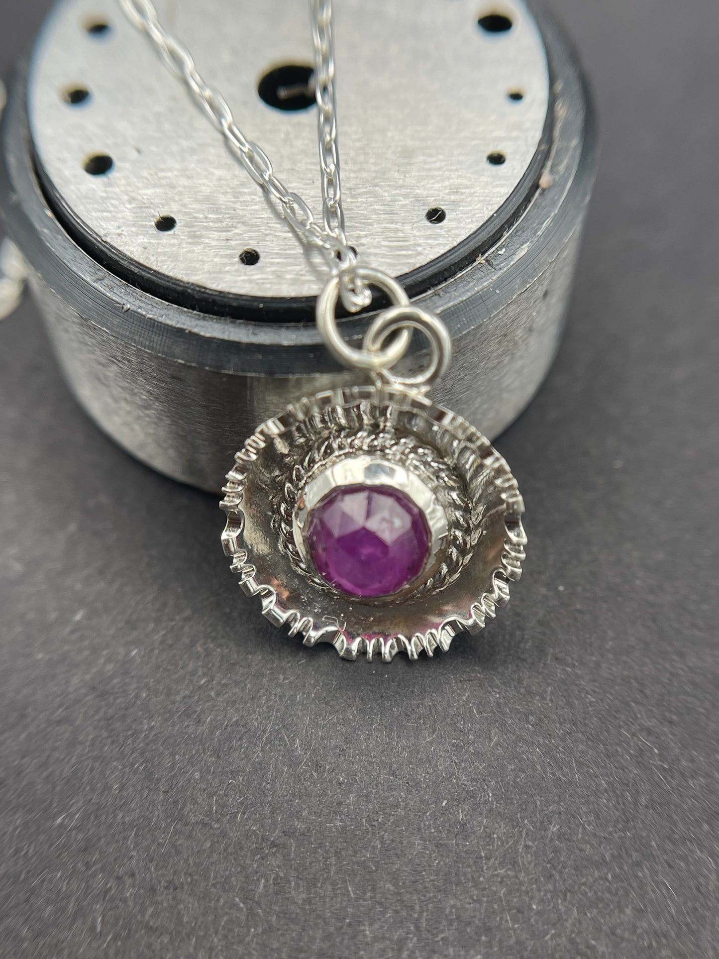 Sterling Silver Pendant featuring a Rose Cut Round Pink Sapphire Surrounded by beaded wire and textured dome
