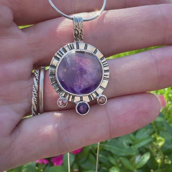 Sterling Silver Amethyst and Pink Tourmaline Bezel and Tube Set Pendant video showing off beautiful color and shine