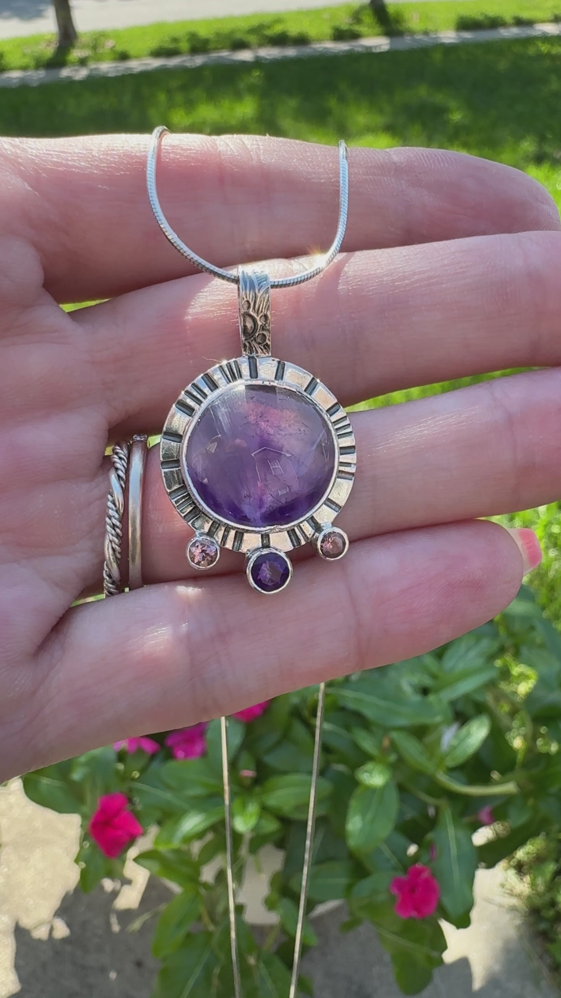 Sterling Silver Amethyst and Pink Tourmaline Bezel and Tube Set Pendant video showing off beautiful color and shine