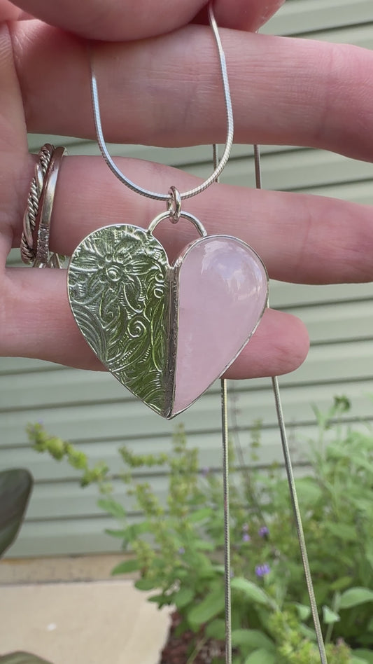 Rose Quartz Sterling Silver Textured Heart Pendant