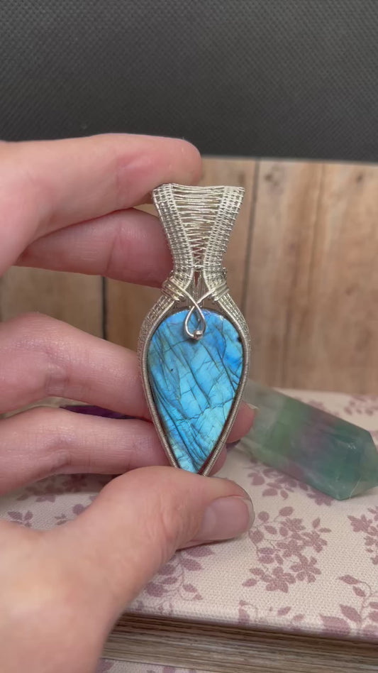 Sterling Silver Labradorite Pendant, Wire Wrapped Blue Labradorite Necklace, Blue Labradorite Necklace, Silver Labradorite Necklace, .925