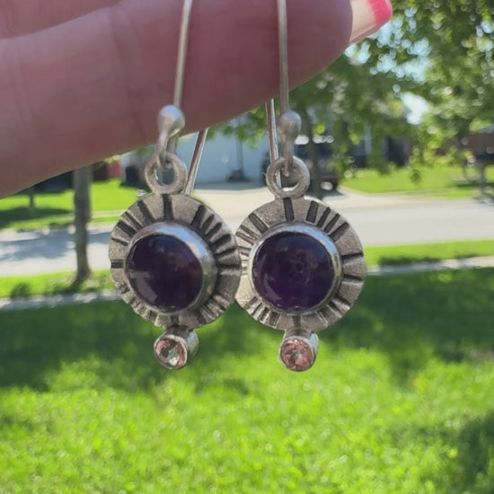 Video of Sterling Silver Amethyst and Pink Tourmaline Bezel and Tube Set Earrings showing movement 