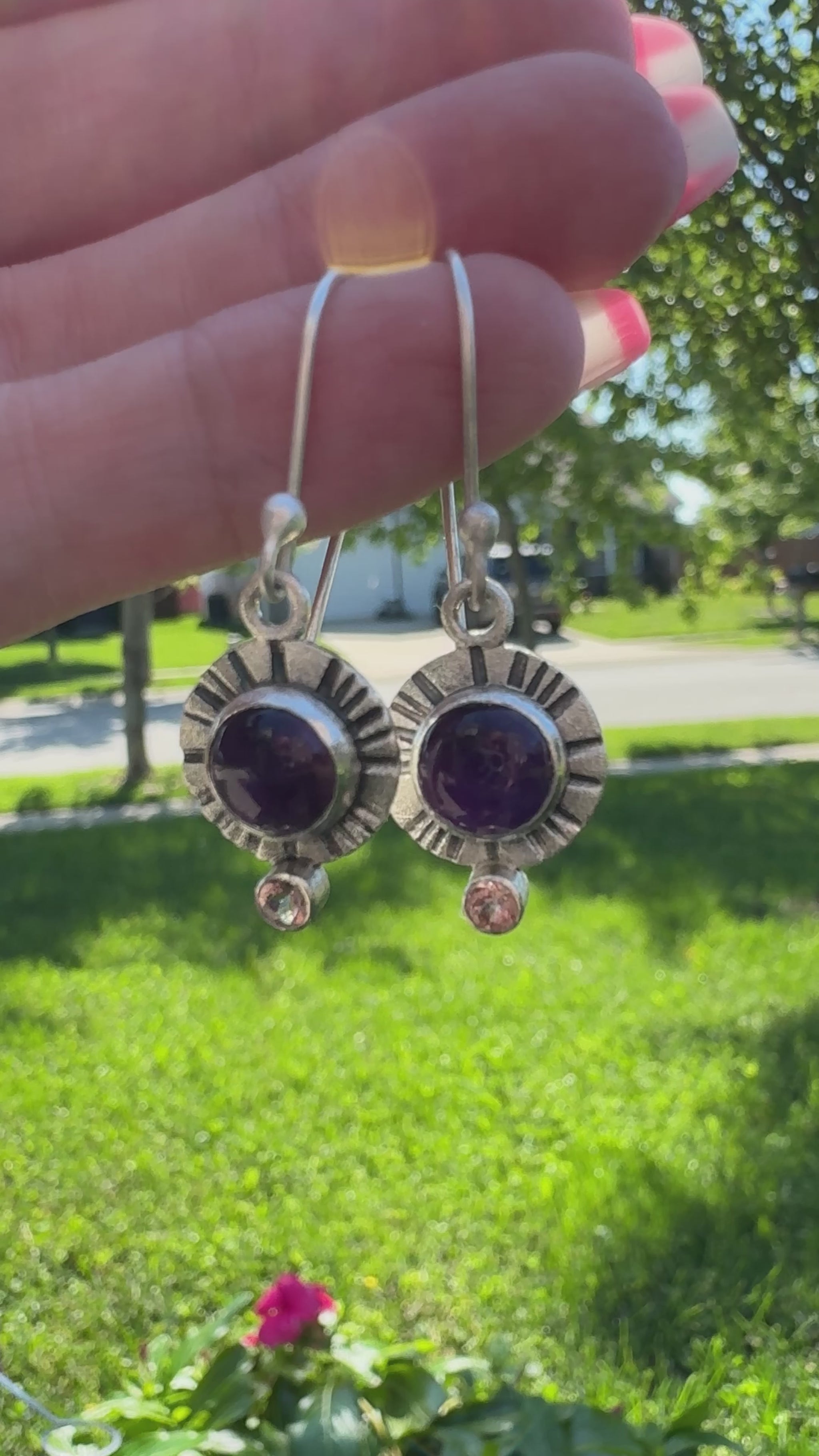 Video of Sterling Silver Amethyst and Pink Tourmaline Bezel and Tube Set Earrings showing movement 